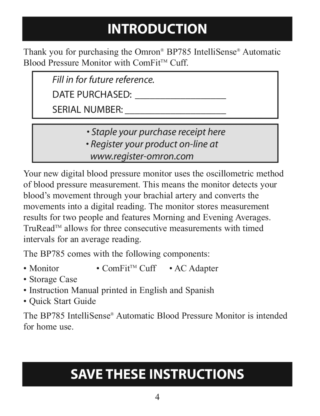 Omron Healthcare BP785 instruction manual Introduction, Staple your purchase receipt here 