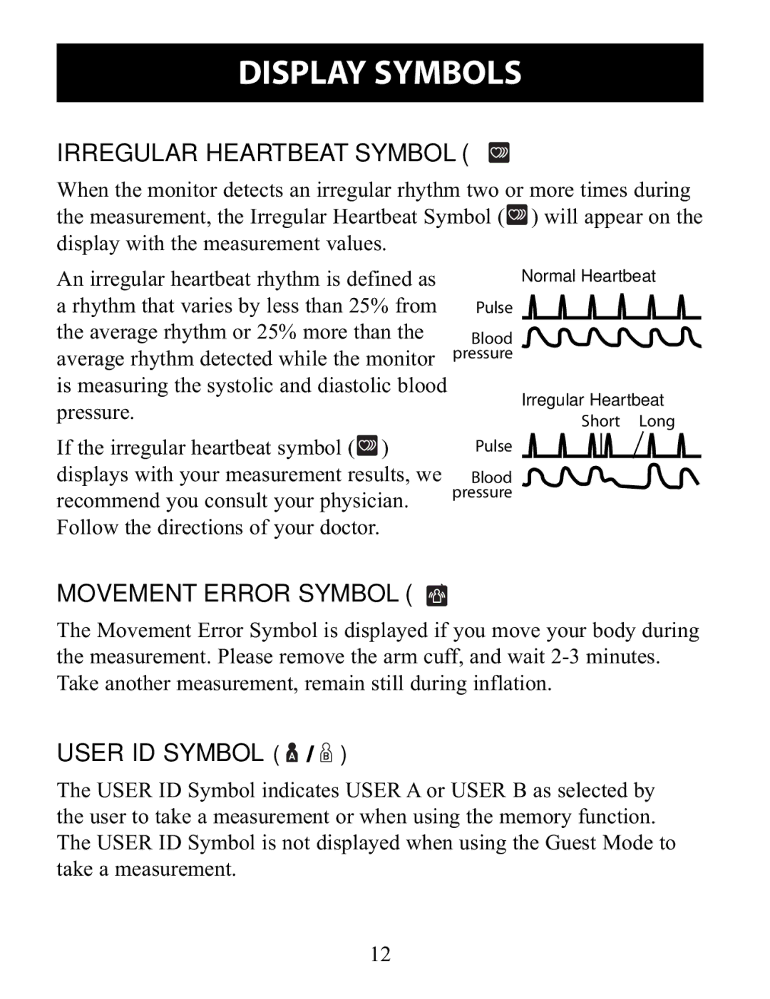 Omron Healthcare BP791IT instruction manual Display Symbols, Irregular Heartbeat Symbol, Movement Error Symbol 