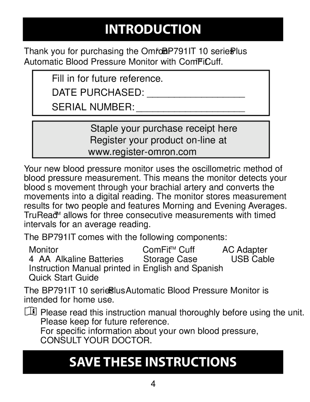 Omron Healthcare BP791IT instruction manual Introduction, Staple your purchase receipt here 