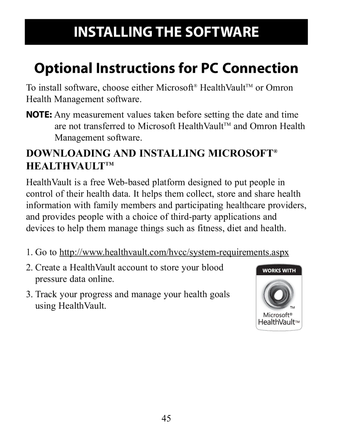 Omron Healthcare BP791IT instruction manual Installing the Software, Downloading and Installing Microsoft Healthvaulttm 