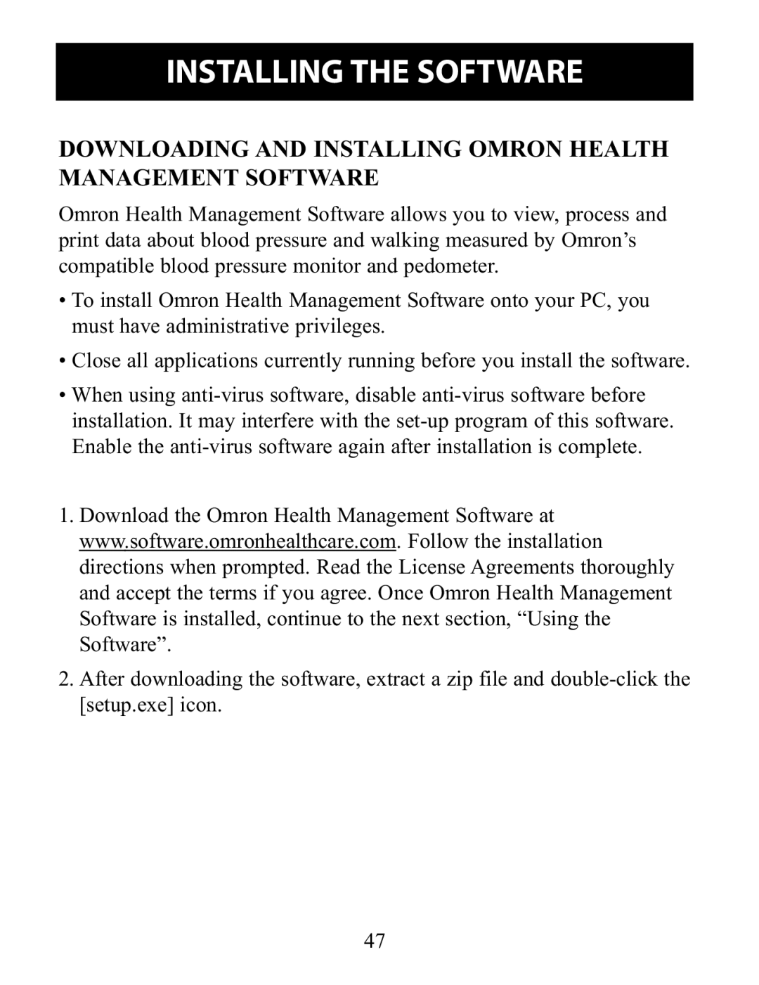 Omron Healthcare BP791IT instruction manual Downloading and Installing Omron Health Management Software 