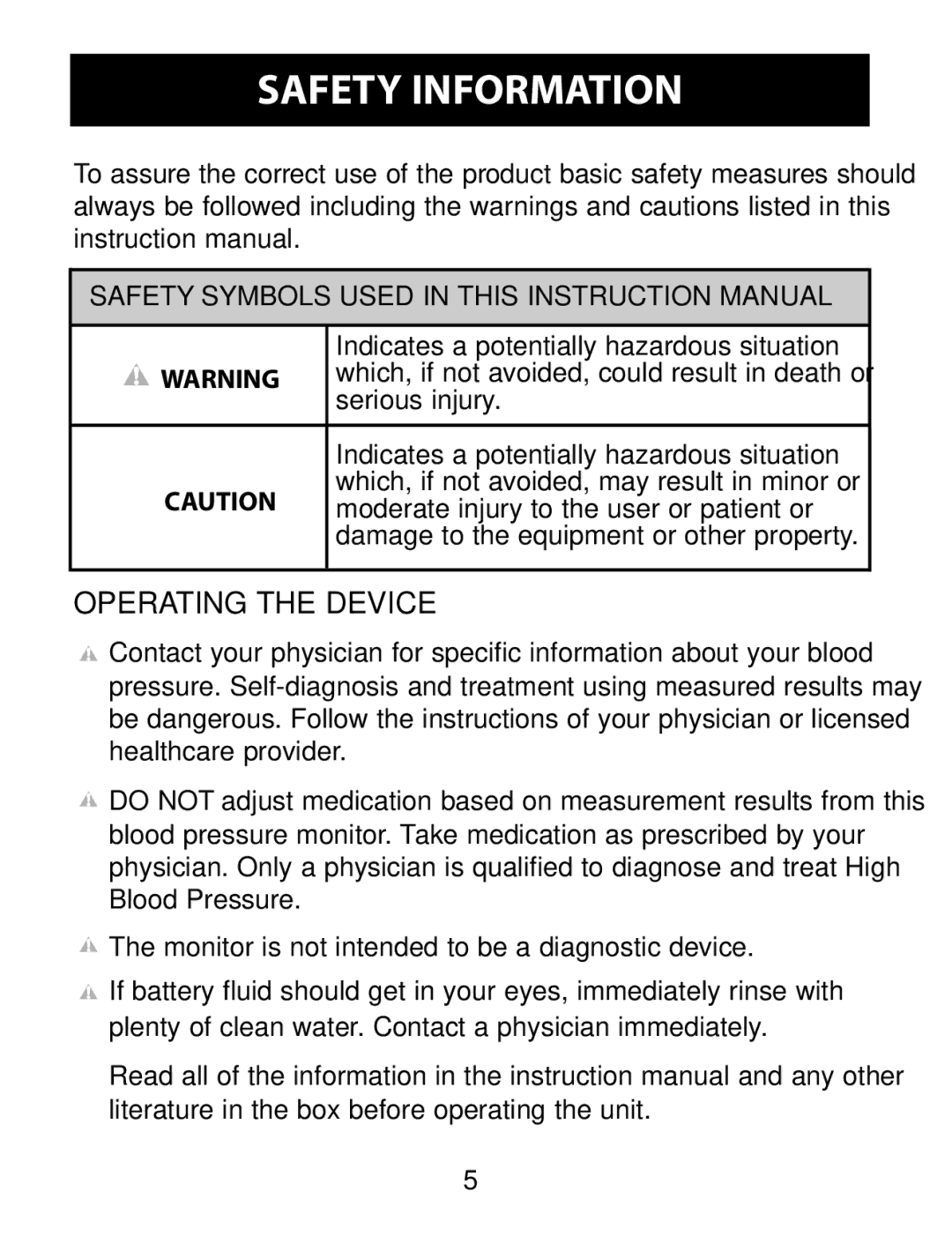 Omron Healthcare BP791IT instruction manual Safety Information, Operating the Device 