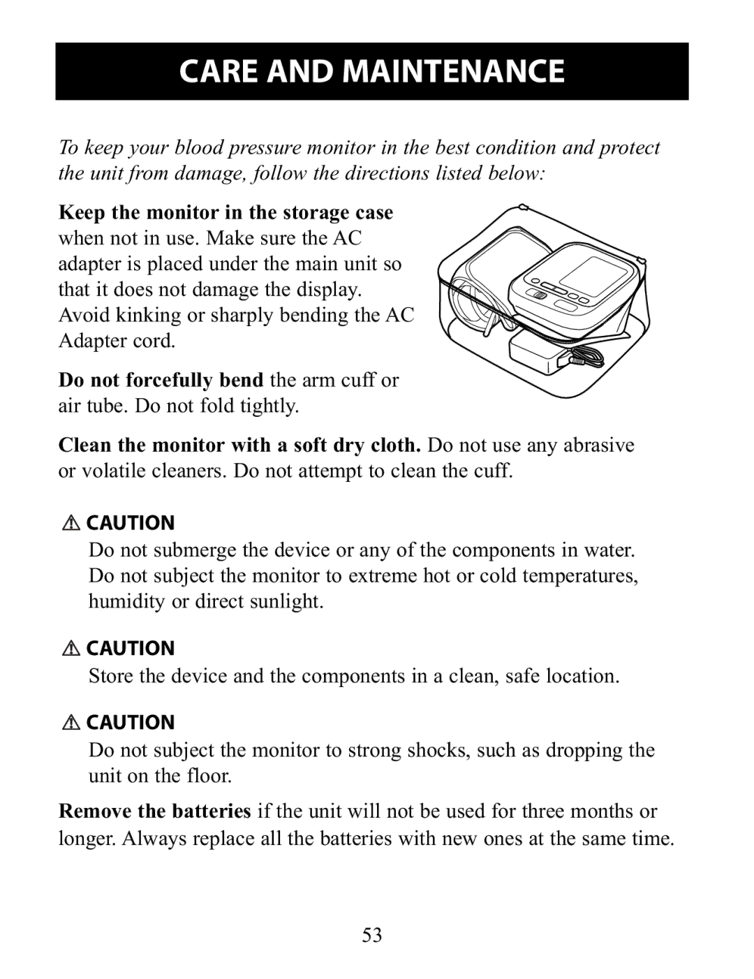 Omron Healthcare BP791IT instruction manual Care and Maintenance, Keep the monitor in the storage case 