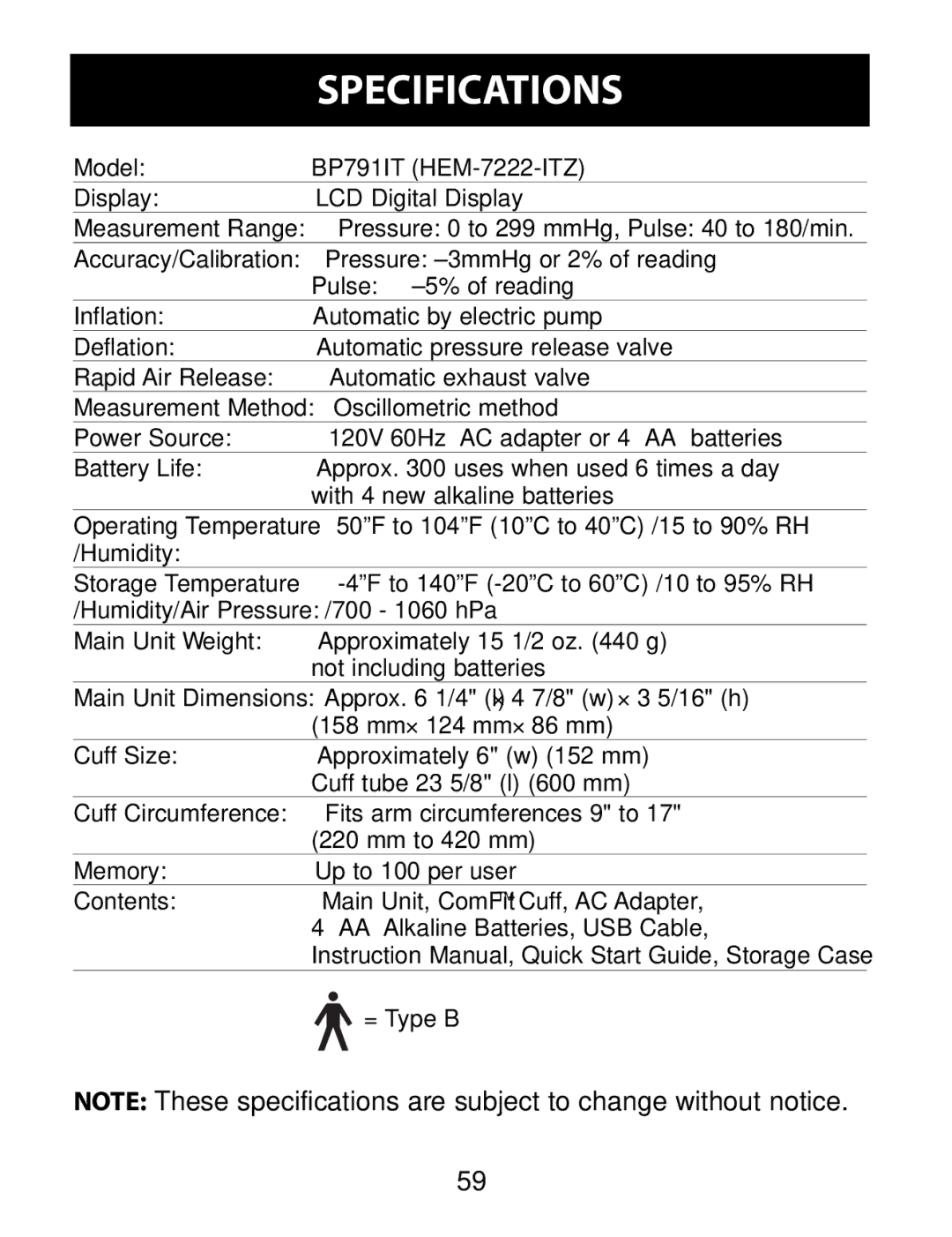 Omron Healthcare instruction manual Specifications, BP791IT HEM-7222-ITZ 