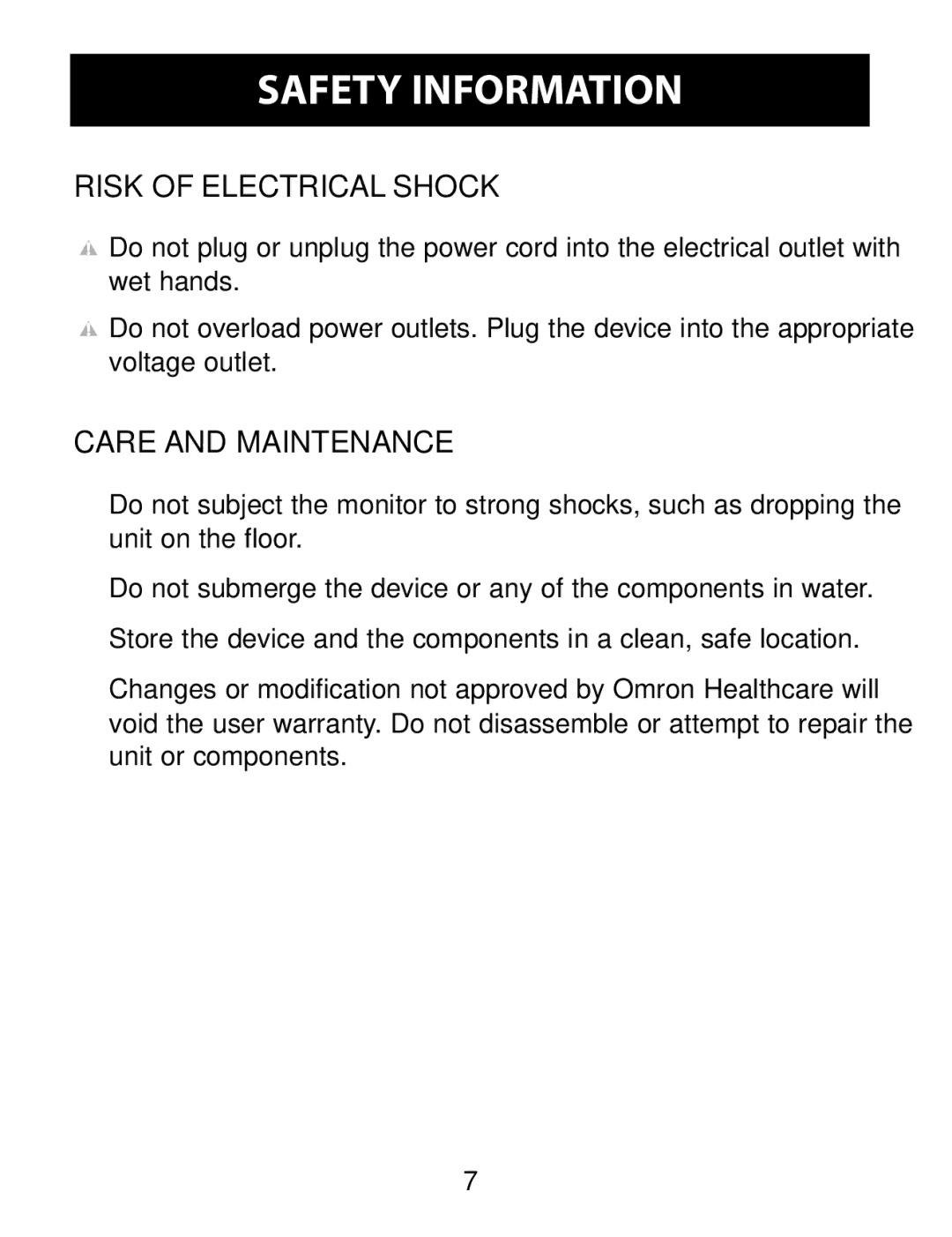 Omron Healthcare BP791IT instruction manual Risk of Electrical Shock, Care and Maintenance 