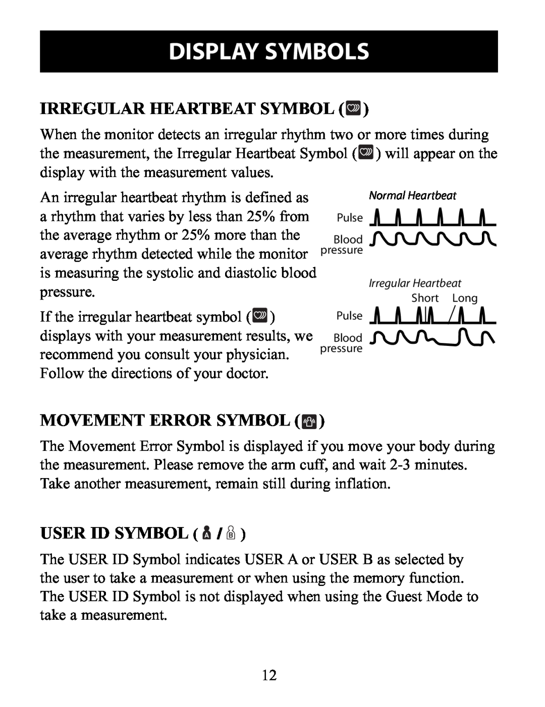 Omron Healthcare BP791IT Display Symbols, Irregular Heartbeat Symbol, Movement Error Symbol, User Id Symbol 