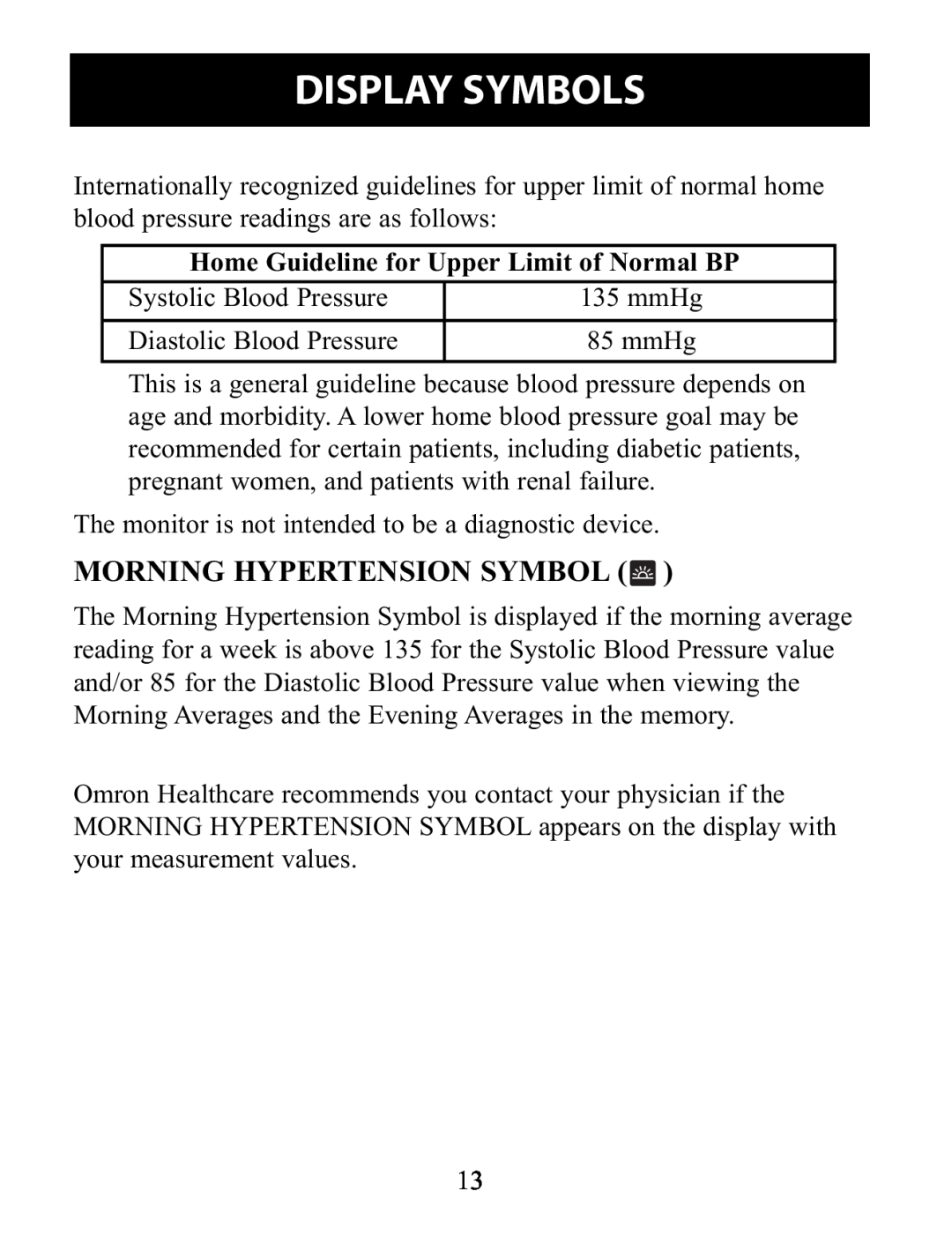 Omron Healthcare BP791IT Morning Hypertension Symbol, Home Guideline for Upper Limit of Normal BP, Display Symbols 