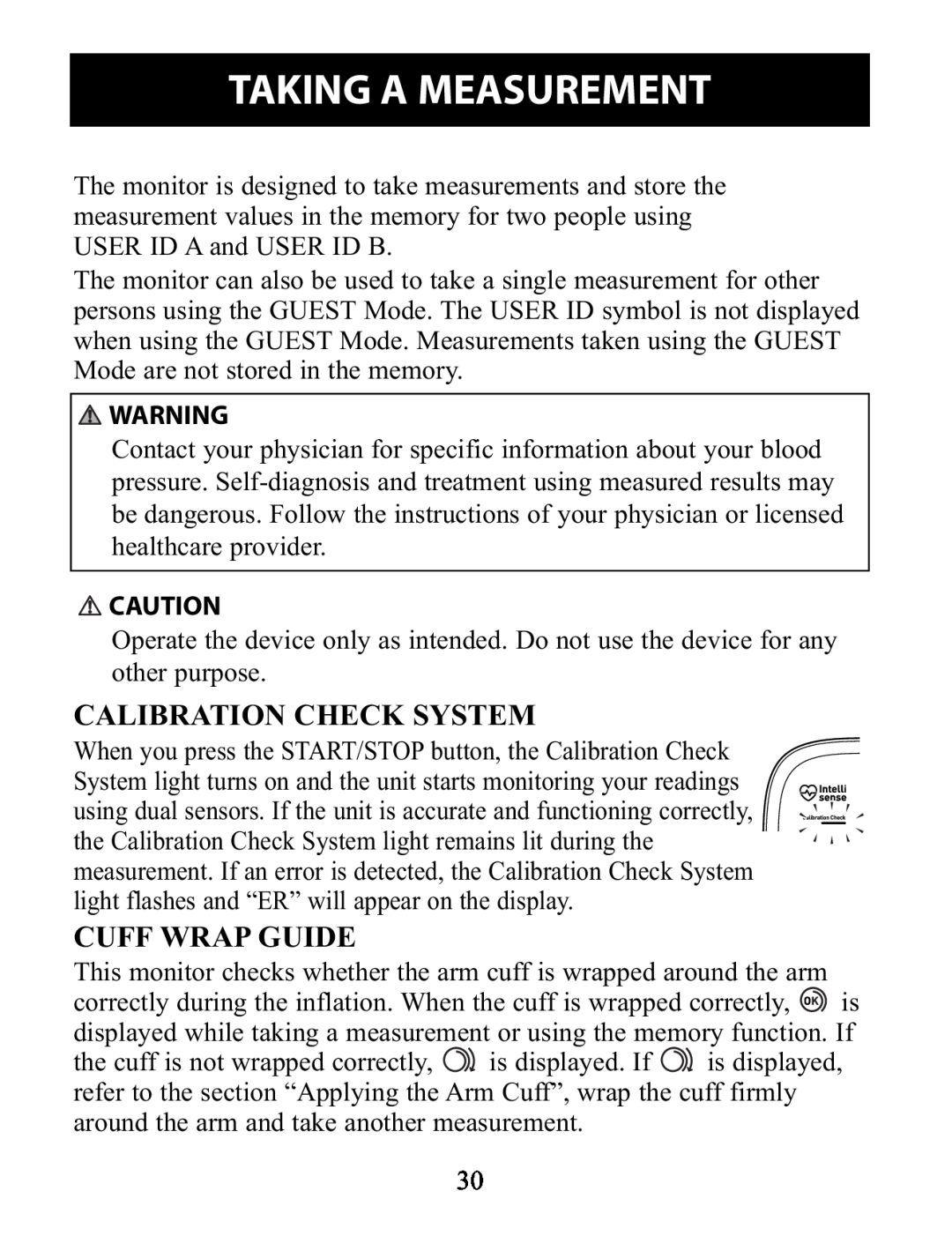Omron Healthcare BP791IT instruction manual Taking A Measurement, Calibration Check System, Cuff Wrap Guide 