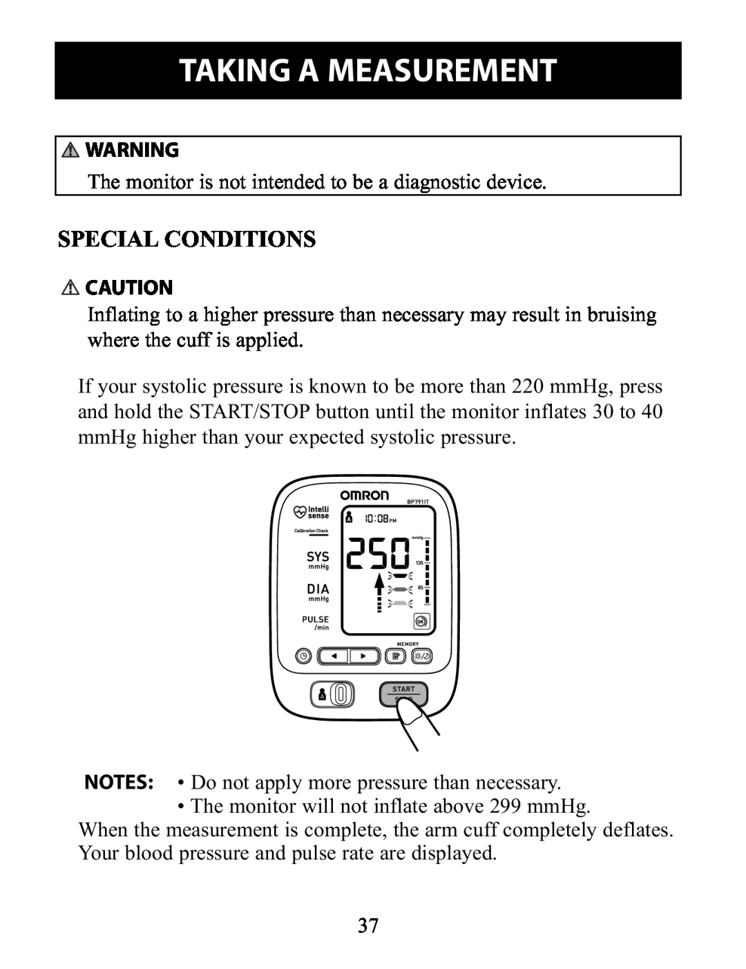 Omron Healthcare BP791IT instruction manual Special Conditions, Taking A Measurement 