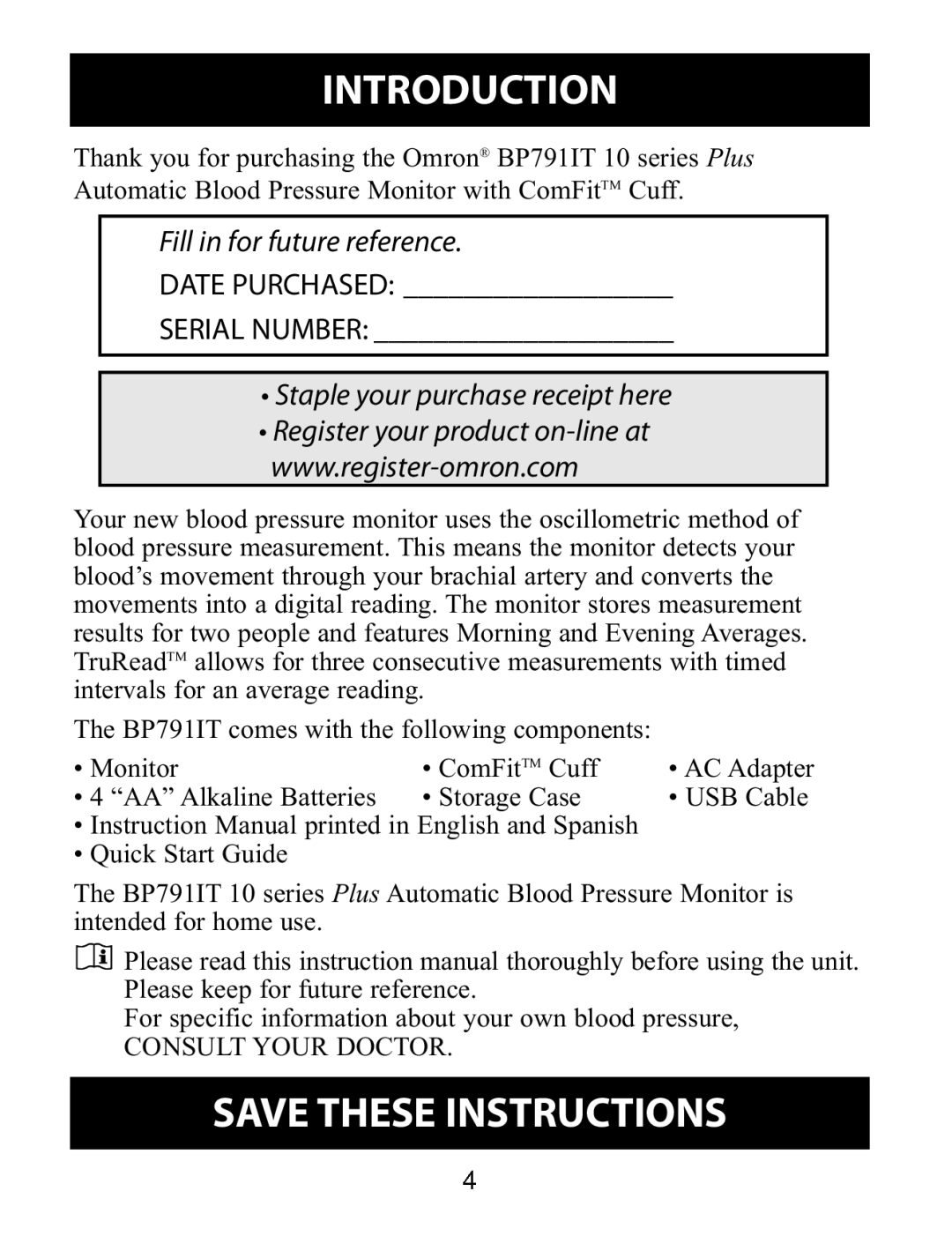Omron Healthcare BP791IT Introduction, Save These Instructions, Date Purchased Serial Number, Fill in for future reference 