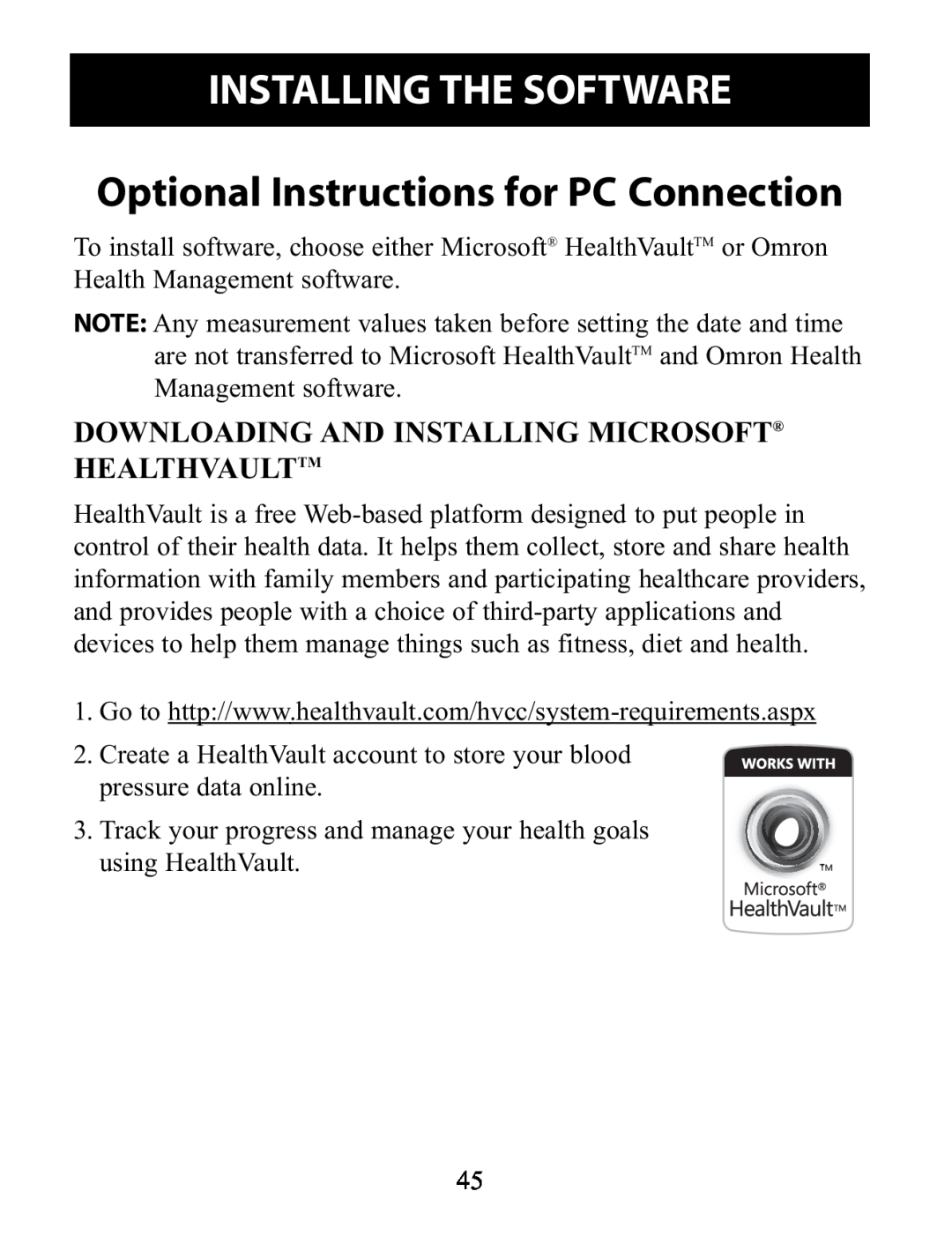 Omron Healthcare BP791IT instruction manual Installing The Software, Optional Instructions for PC Connection 