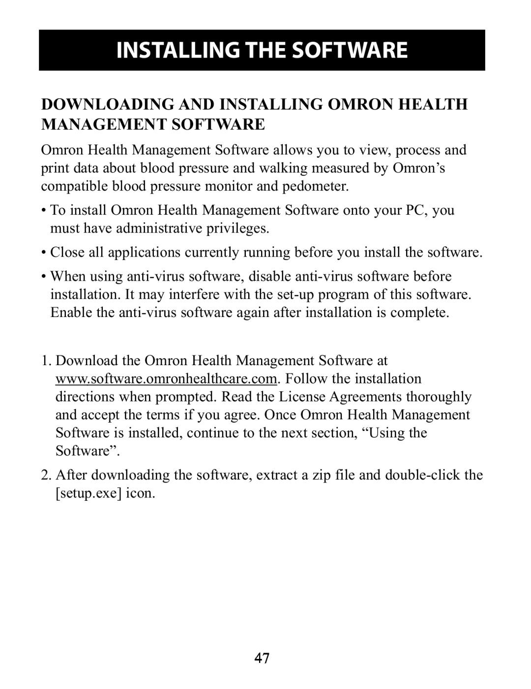 Omron Healthcare BP791IT Downloading And Installing Omron Health Management Software, Installing The Software 