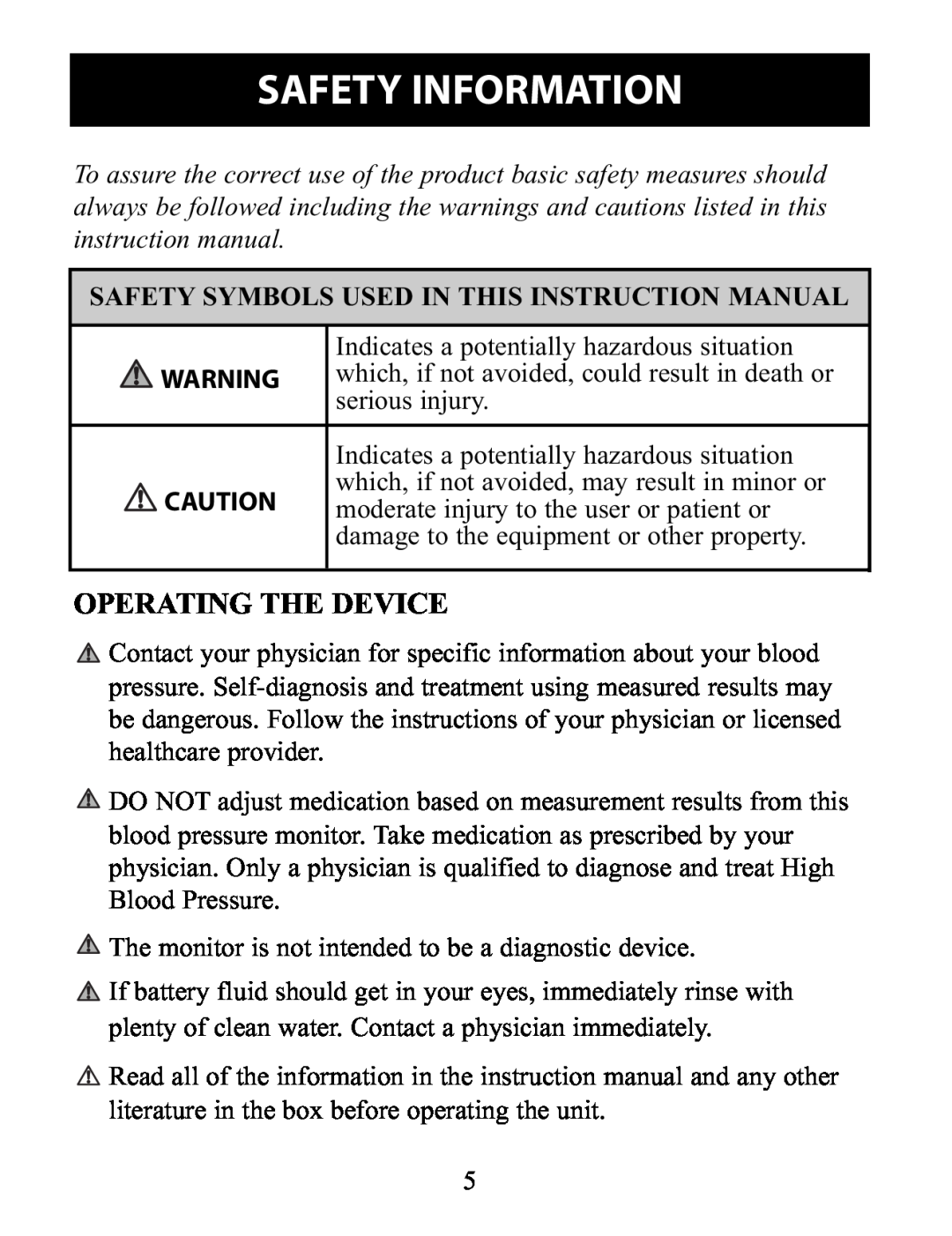 Omron Healthcare BP791IT Safety Information, Operating The Device, Safety Symbols Used In This Instruction Manual 