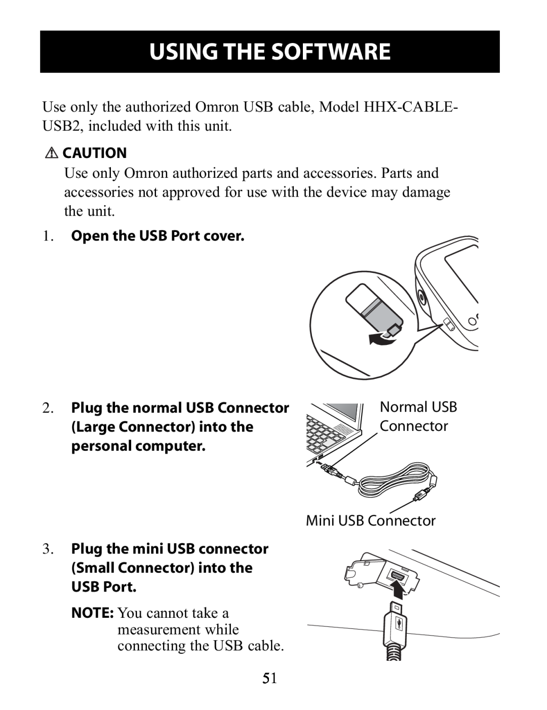 Omron Healthcare BP791IT Open the USB Port cover, Using The Software, Normal USB Connector Mini USB Connector 