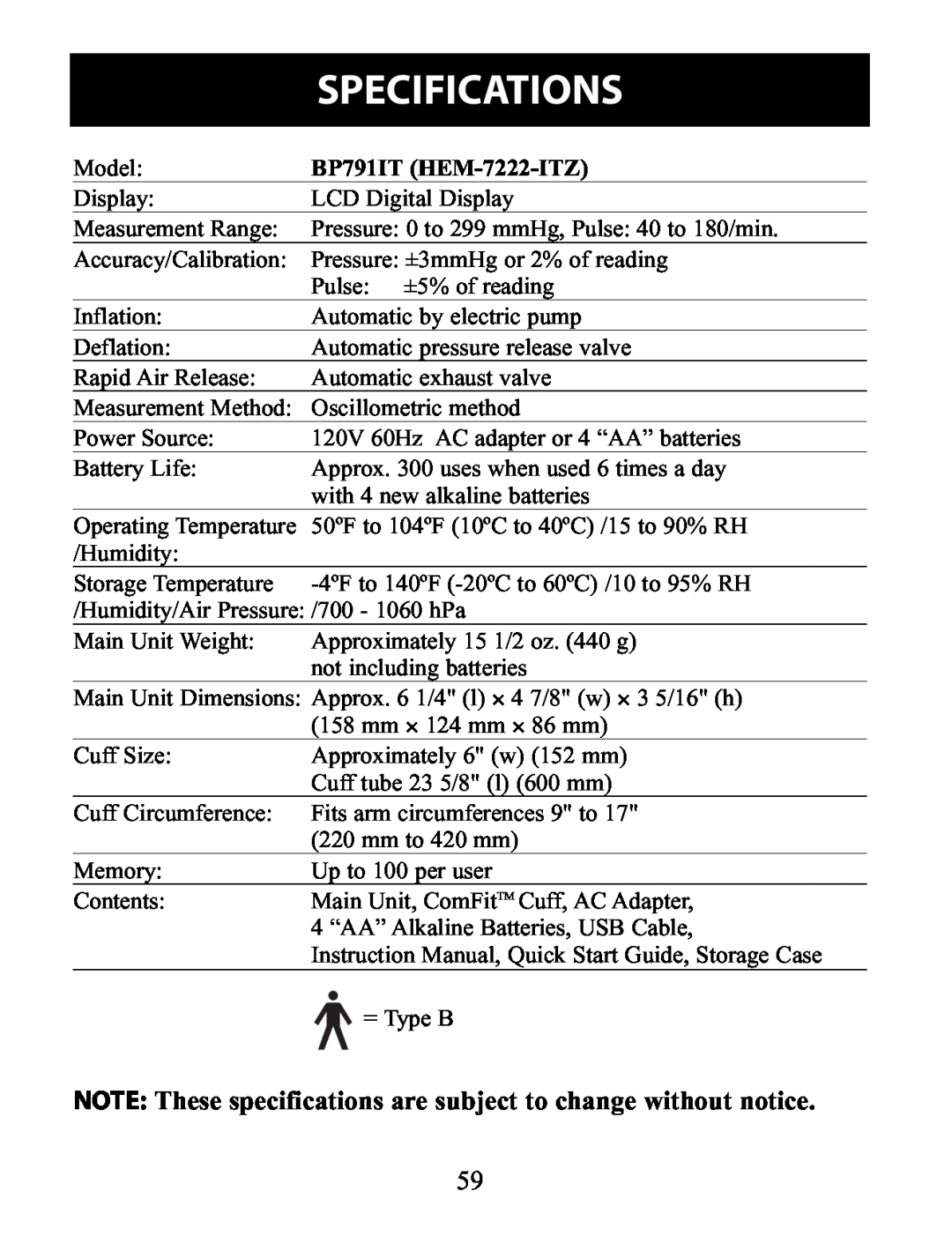 Omron Healthcare BP791IT instruction manual Specifications, NOTE These specifications are subject to change without notice 
