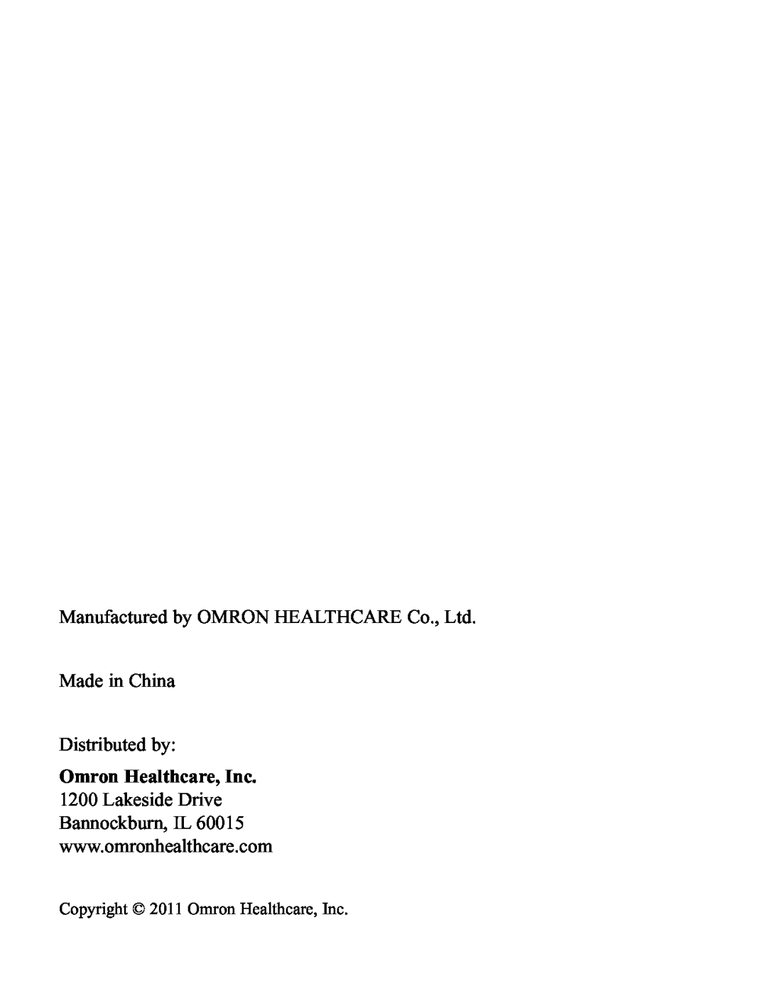 Omron Healthcare BP791IT instruction manual Made in China Distributed by, Copyright 2011 Omron Healthcare, Inc 
