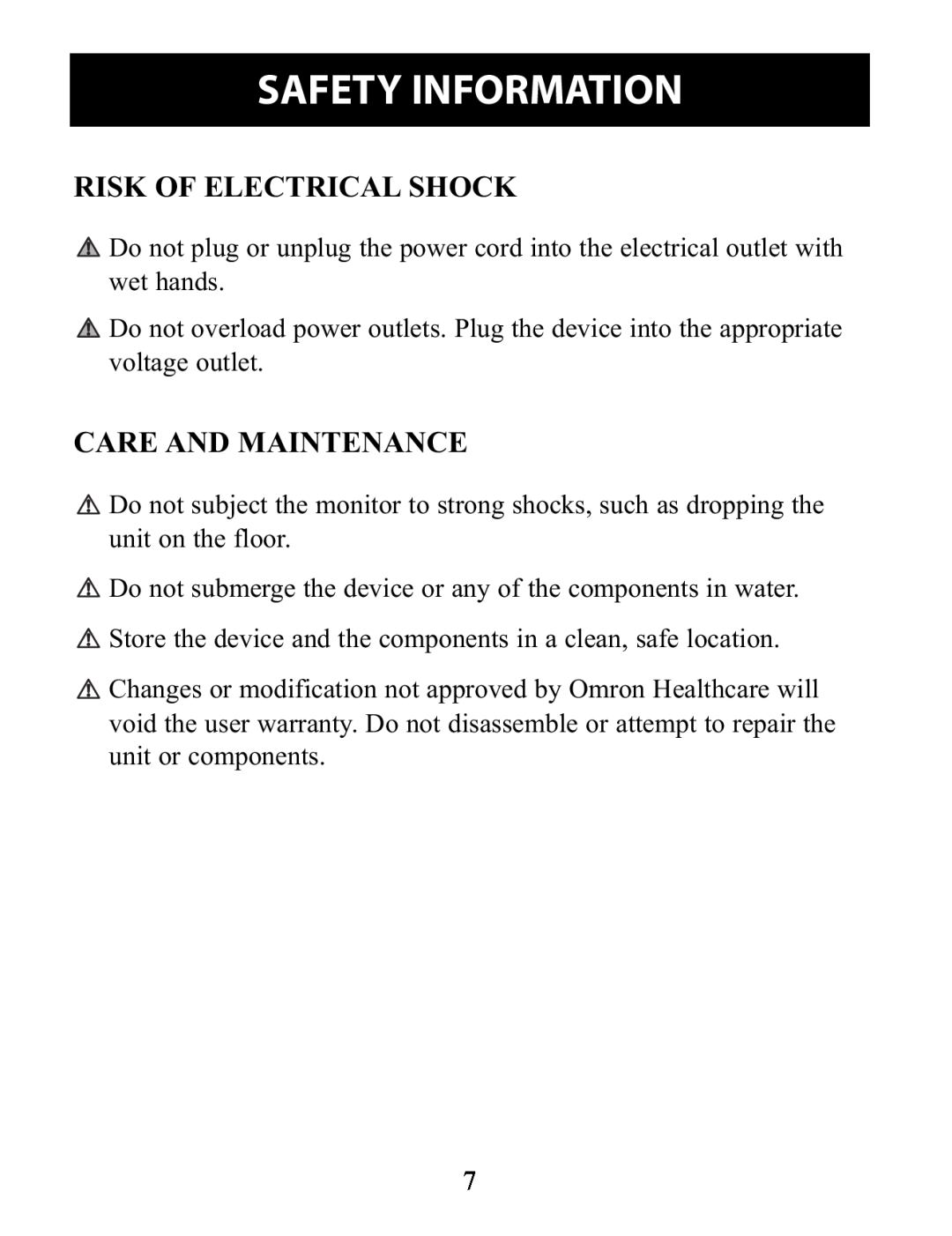 Omron Healthcare BP791IT instruction manual Risk Of Electrical Shock, Care And Maintenance, Safety Information 