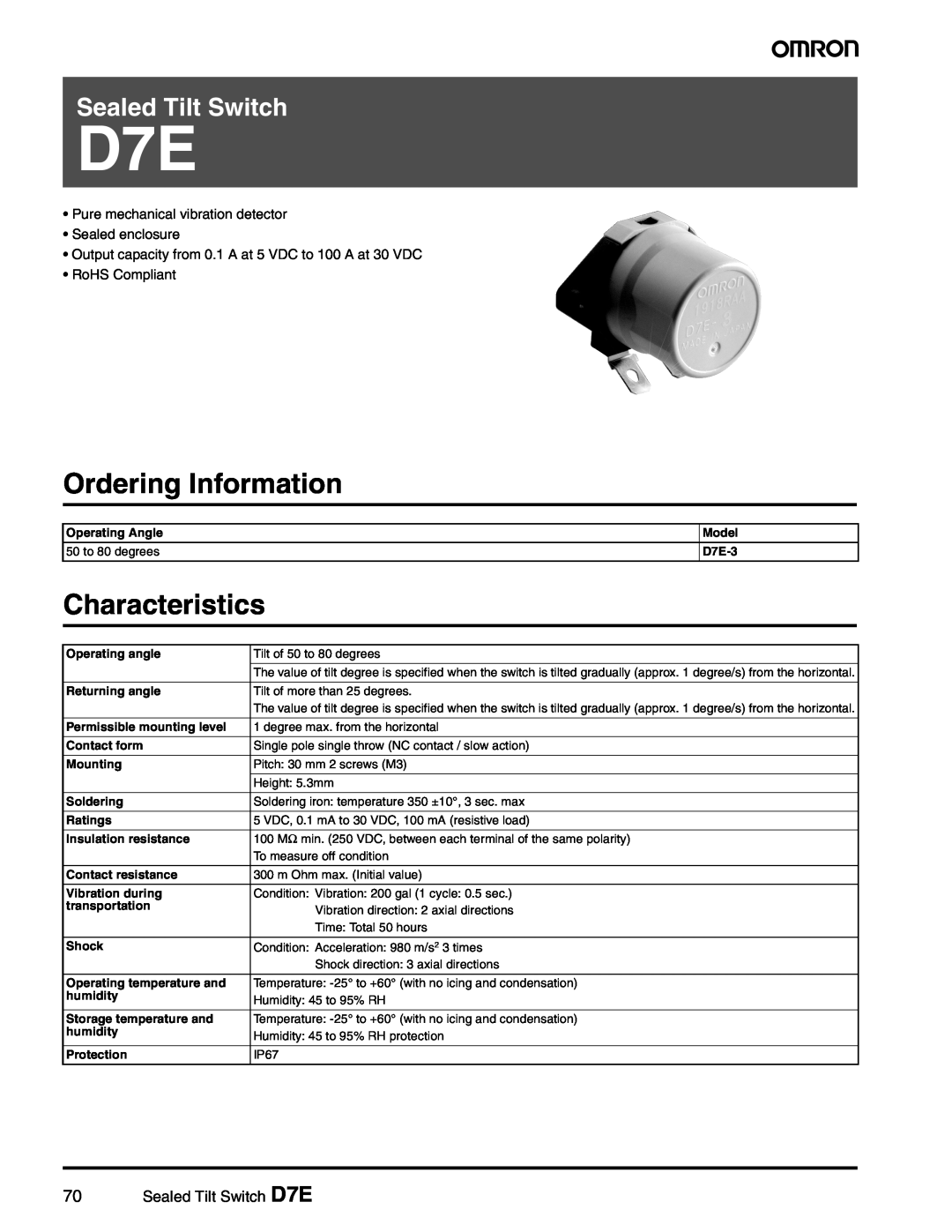 Omron Healthcare manual Ordering Information, Characteristics, Sealed Tilt Switch D7E 
