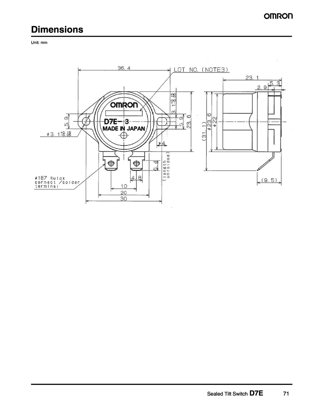 Omron Healthcare manual Dimensions, Sealed Tilt Switch D7E 