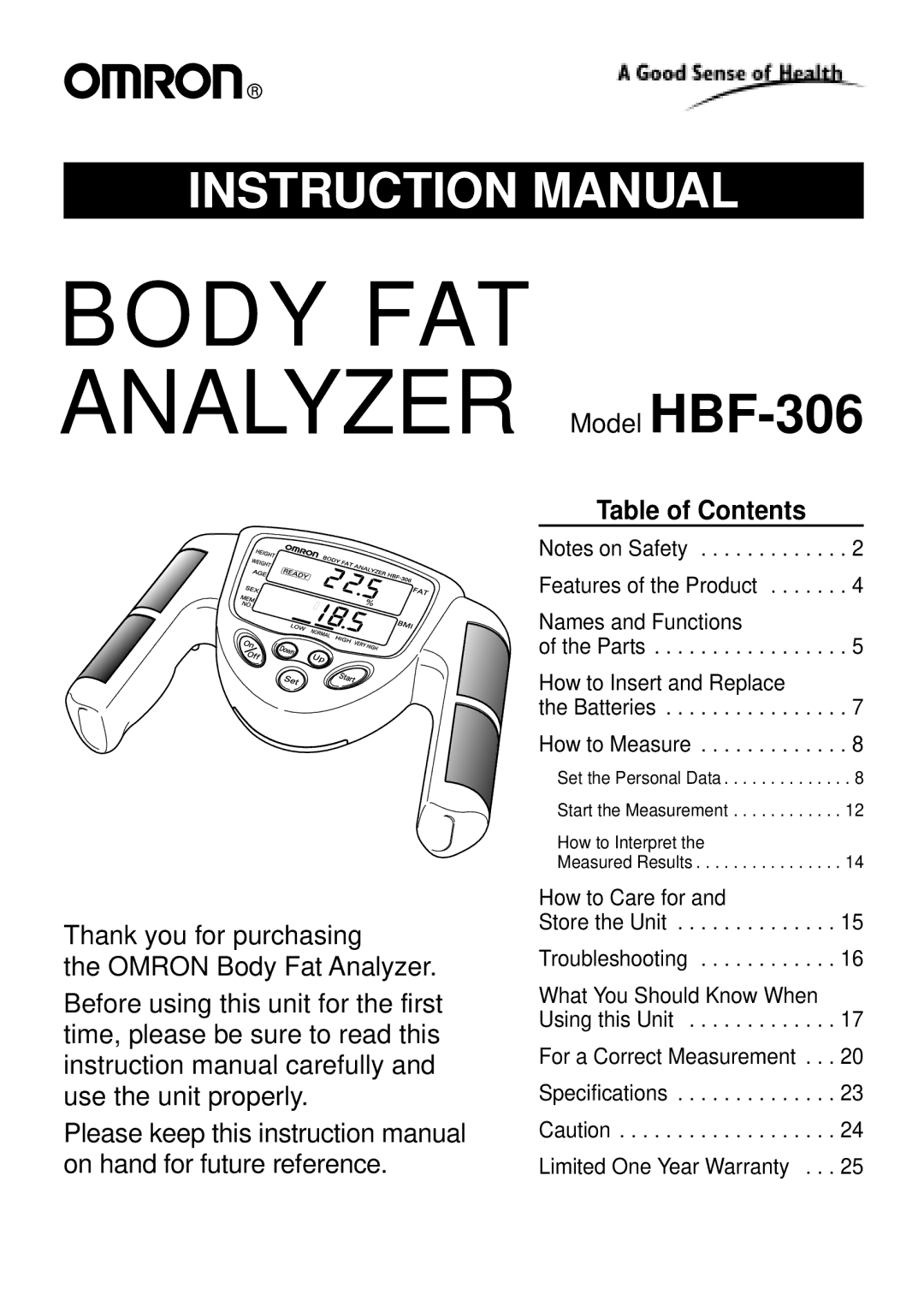 Omron Healthcare instruction manual Body FAT Analyzer Model HBF-306 