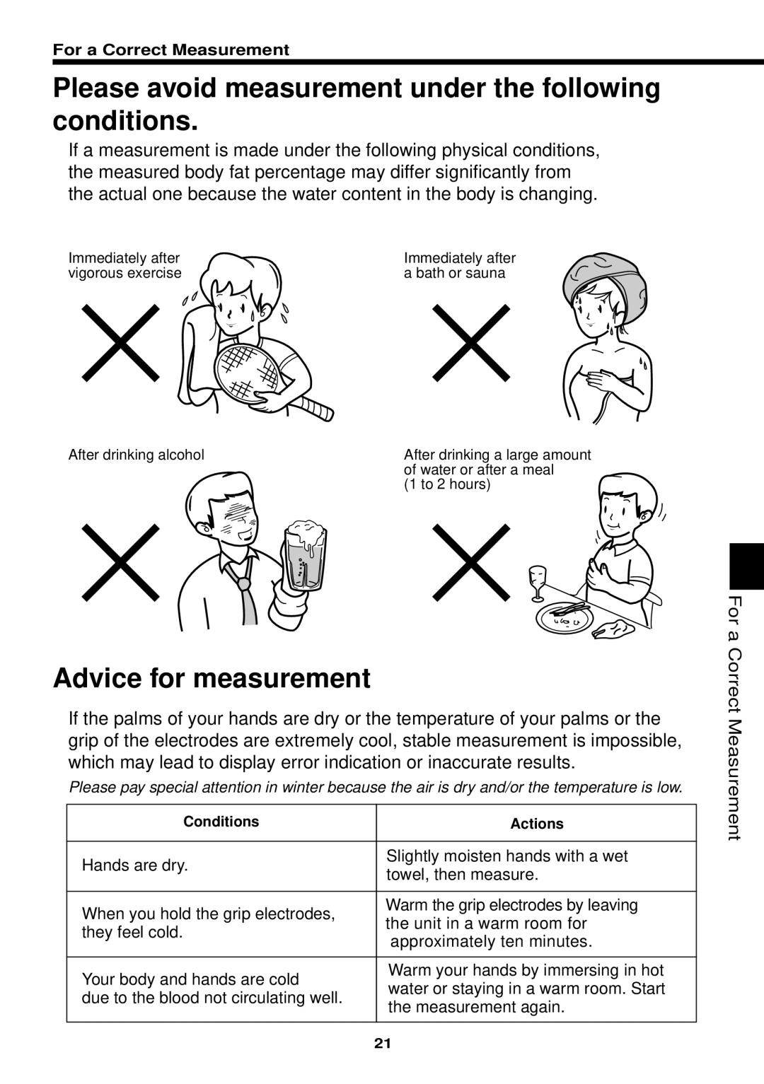 Omron Healthcare HBF-306 instruction manual Please avoid measurement under the following conditions, Advice for measurement 