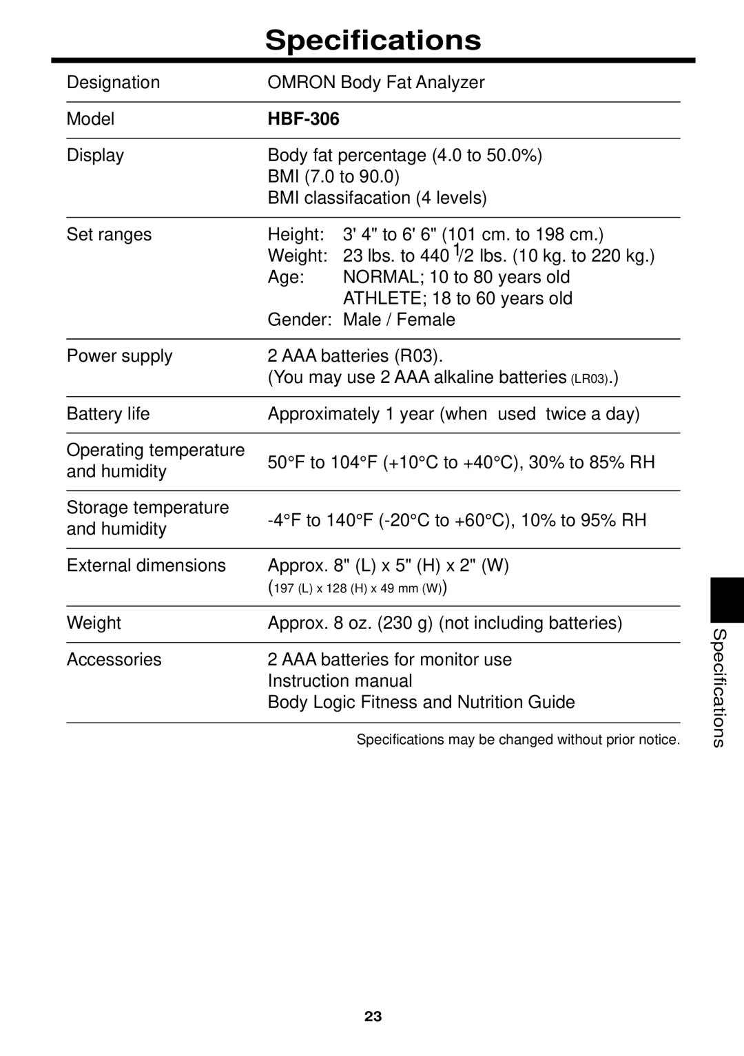 Omron Healthcare HBF-306 instruction manual Specifications 