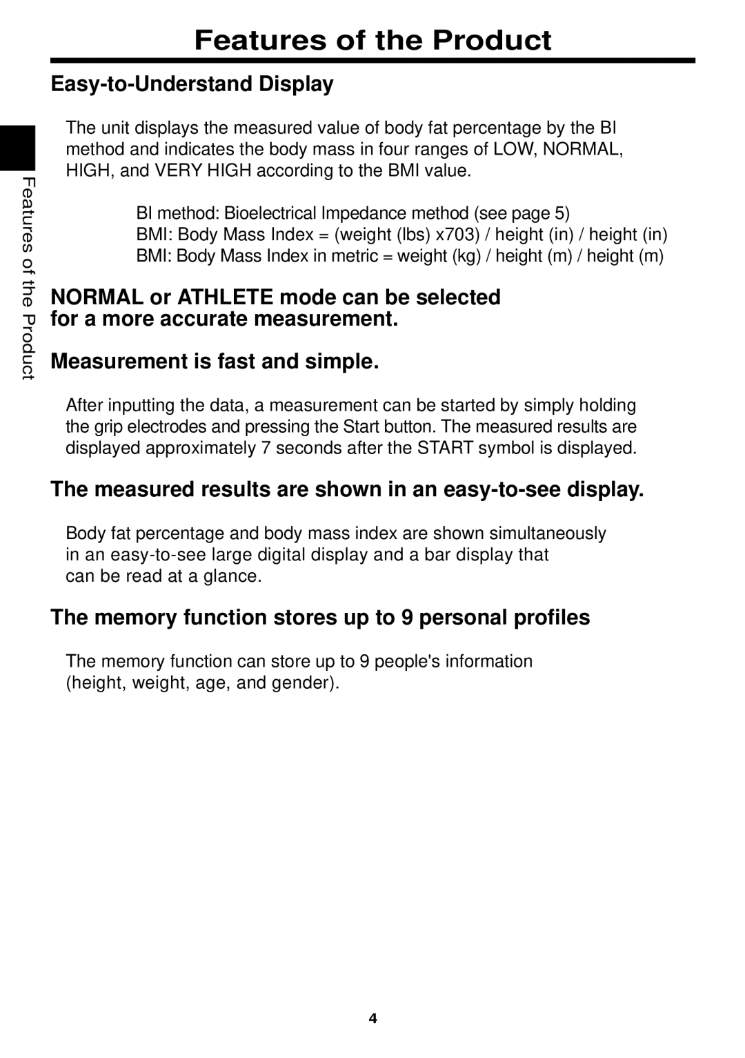 Omron Healthcare HBF-306 instruction manual Features of the Product, Easy-to-Understand Display 