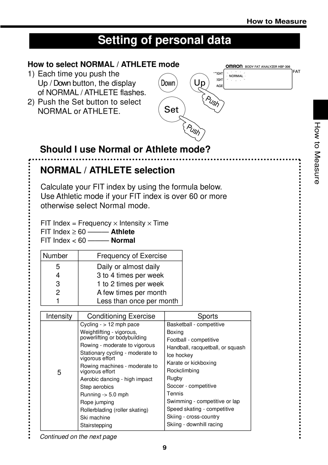 Omron Healthcare HBF-306 instruction manual Setting of personal data, How to select Normal / Athlete mode 