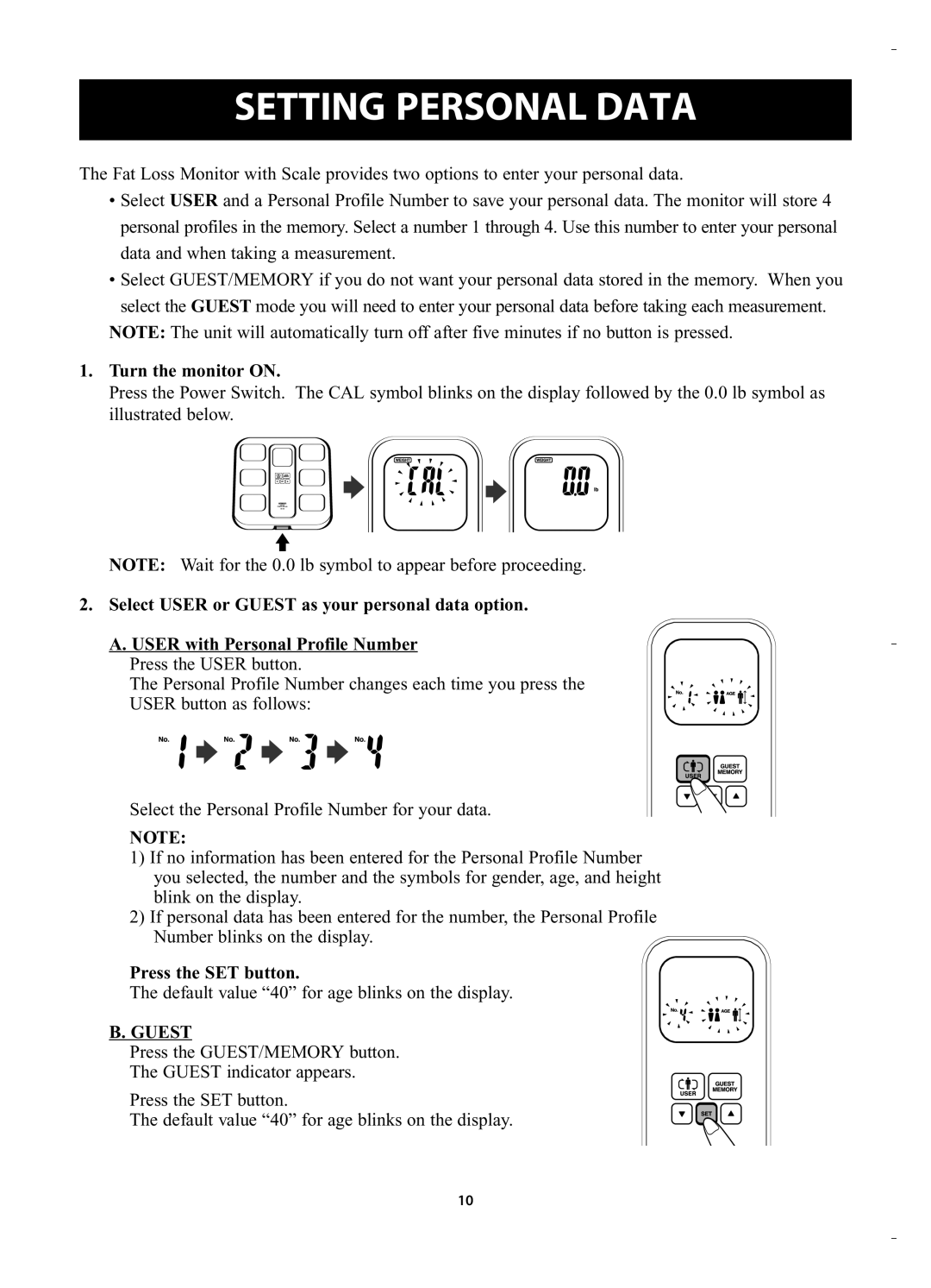 Omron Healthcare HBF-400 instruction manual Setting Personal Data, Turn the monitor on, Press the SET button, Guest 