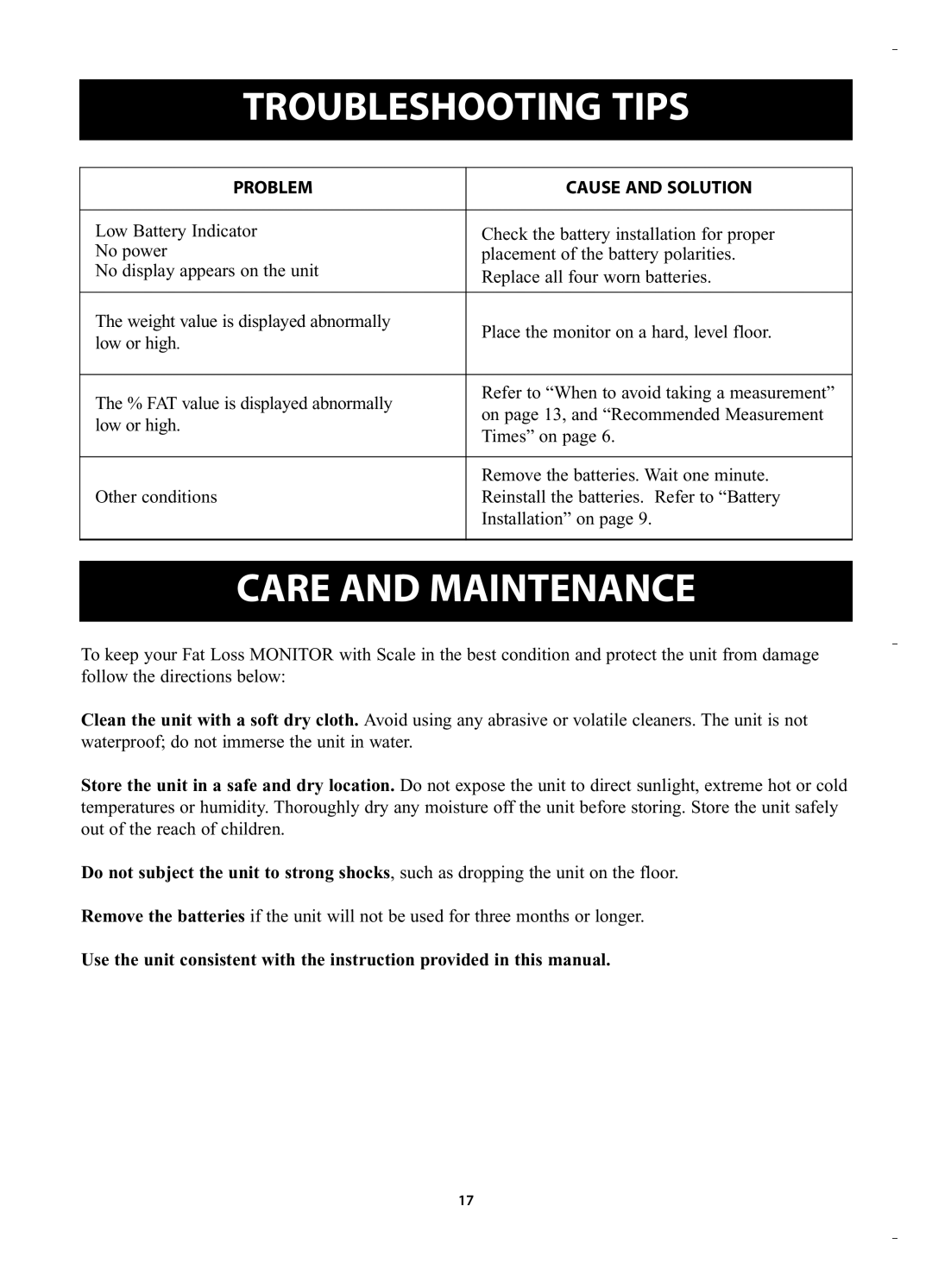 Omron Healthcare HBF-400 instruction manual Troubleshooting Tips, Care and Maintenance, Problem Cause and Solution 