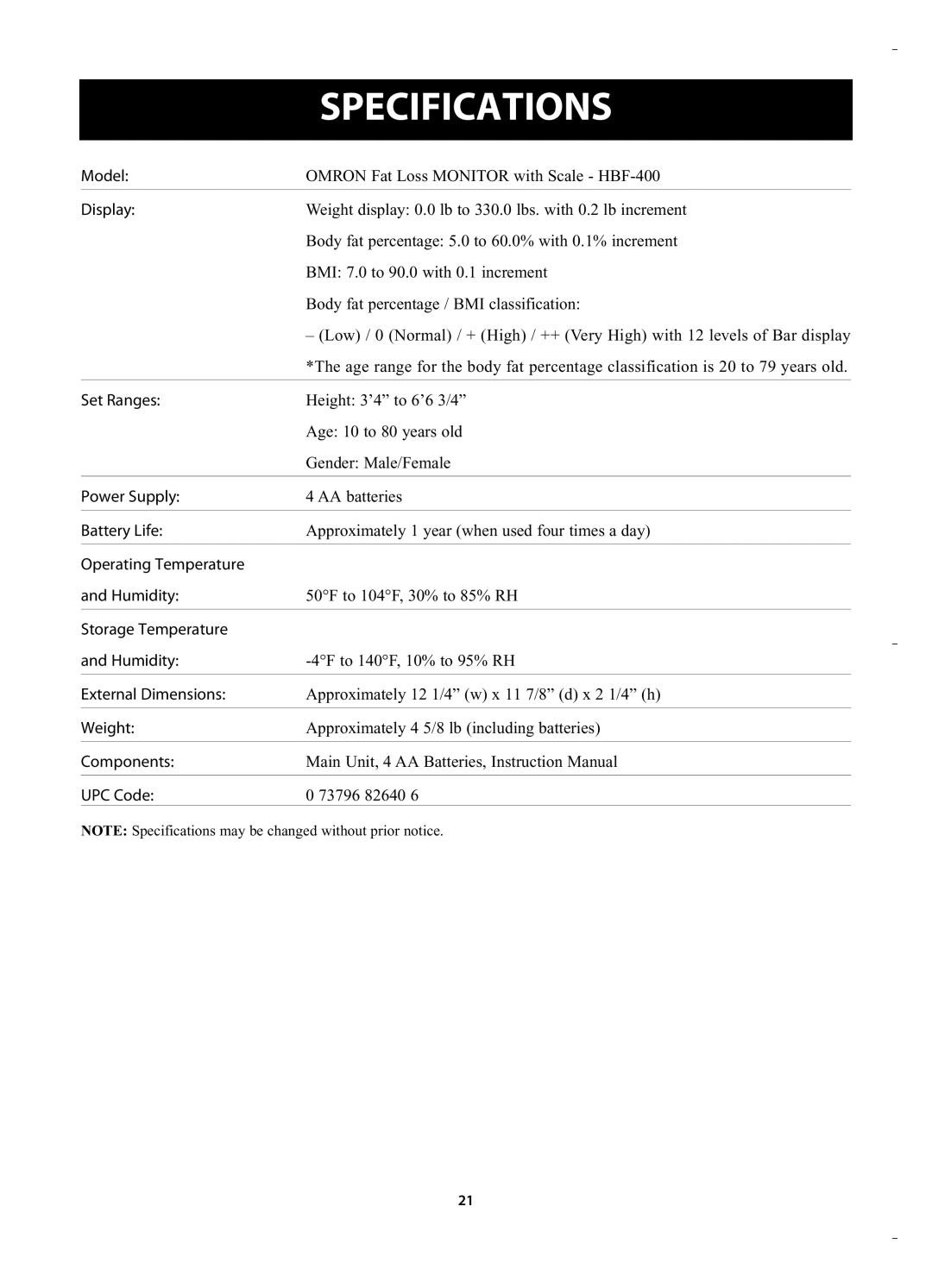 Omron Healthcare HBF-400 instruction manual Specifications 