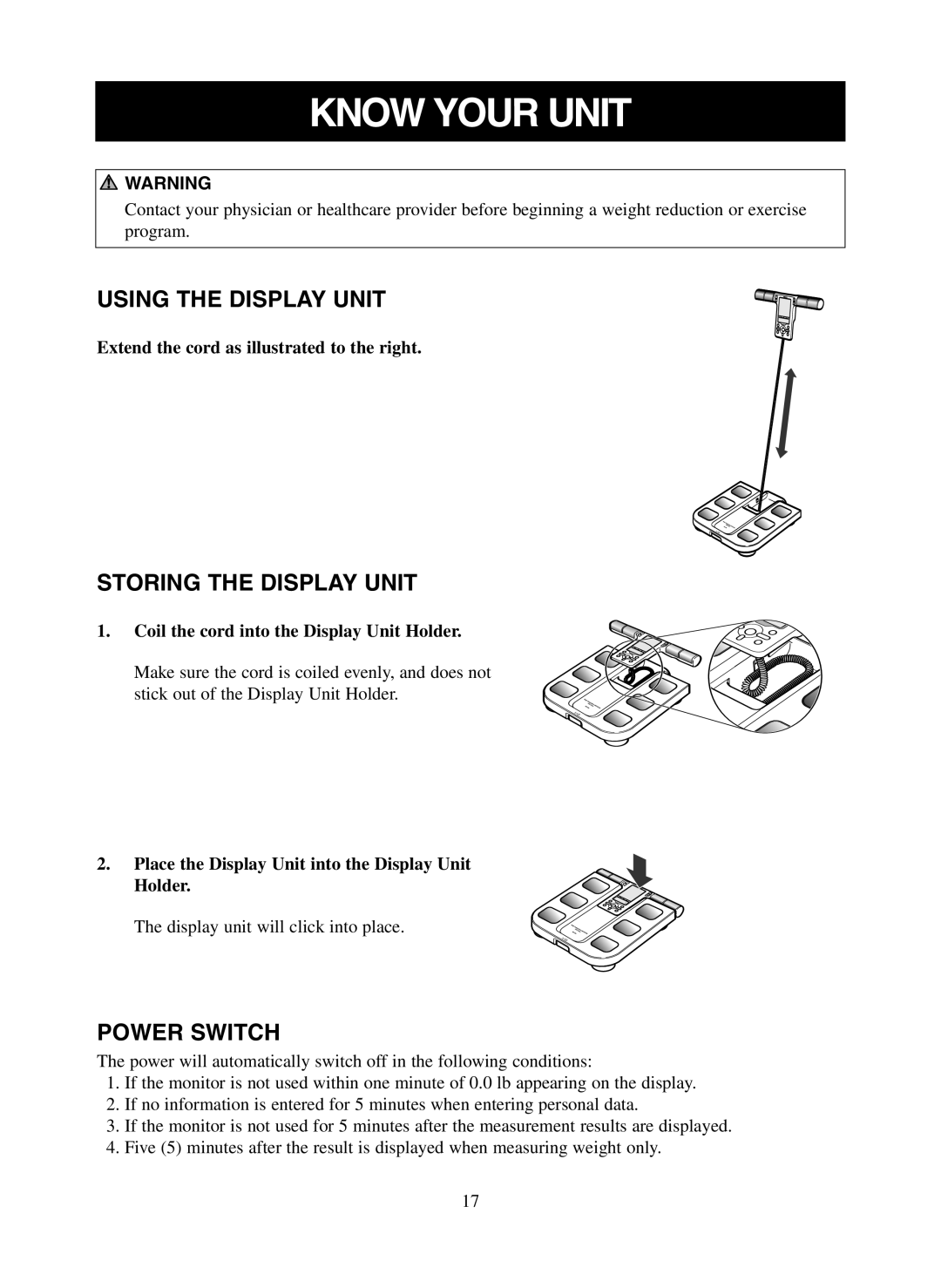 Omron Healthcare HBF-500 instruction manual Using the Display Unit, Storing the Display Unit, Power Switch 