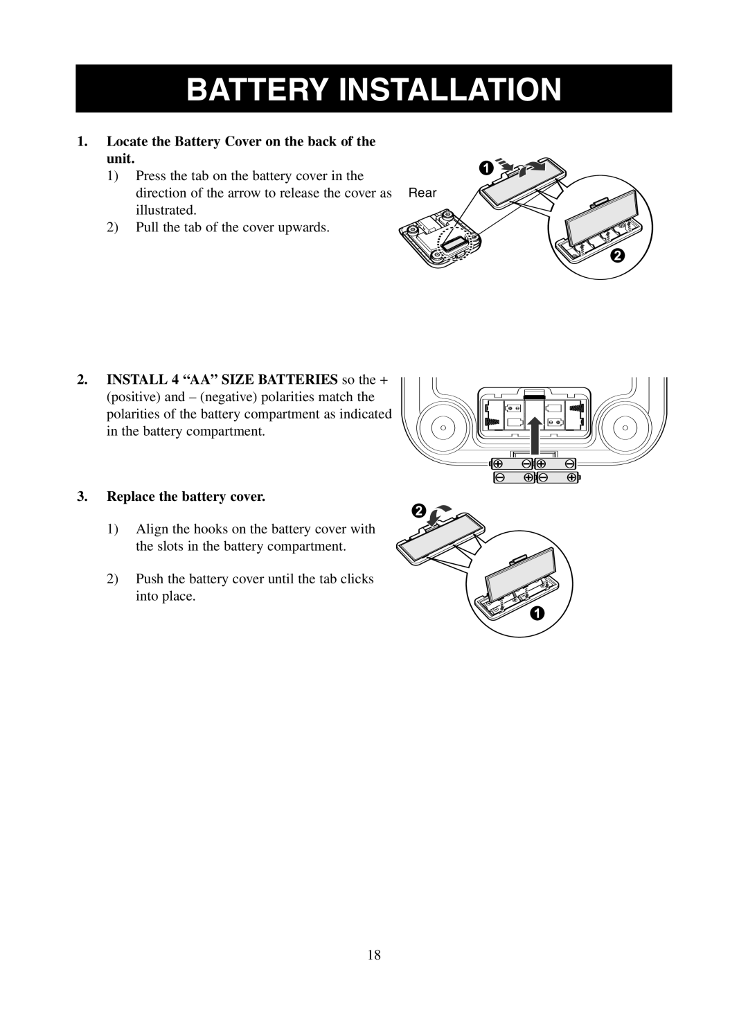 Omron Healthcare HBF-500 instruction manual Battery Installation, Locate the Battery Cover on the back Unit 