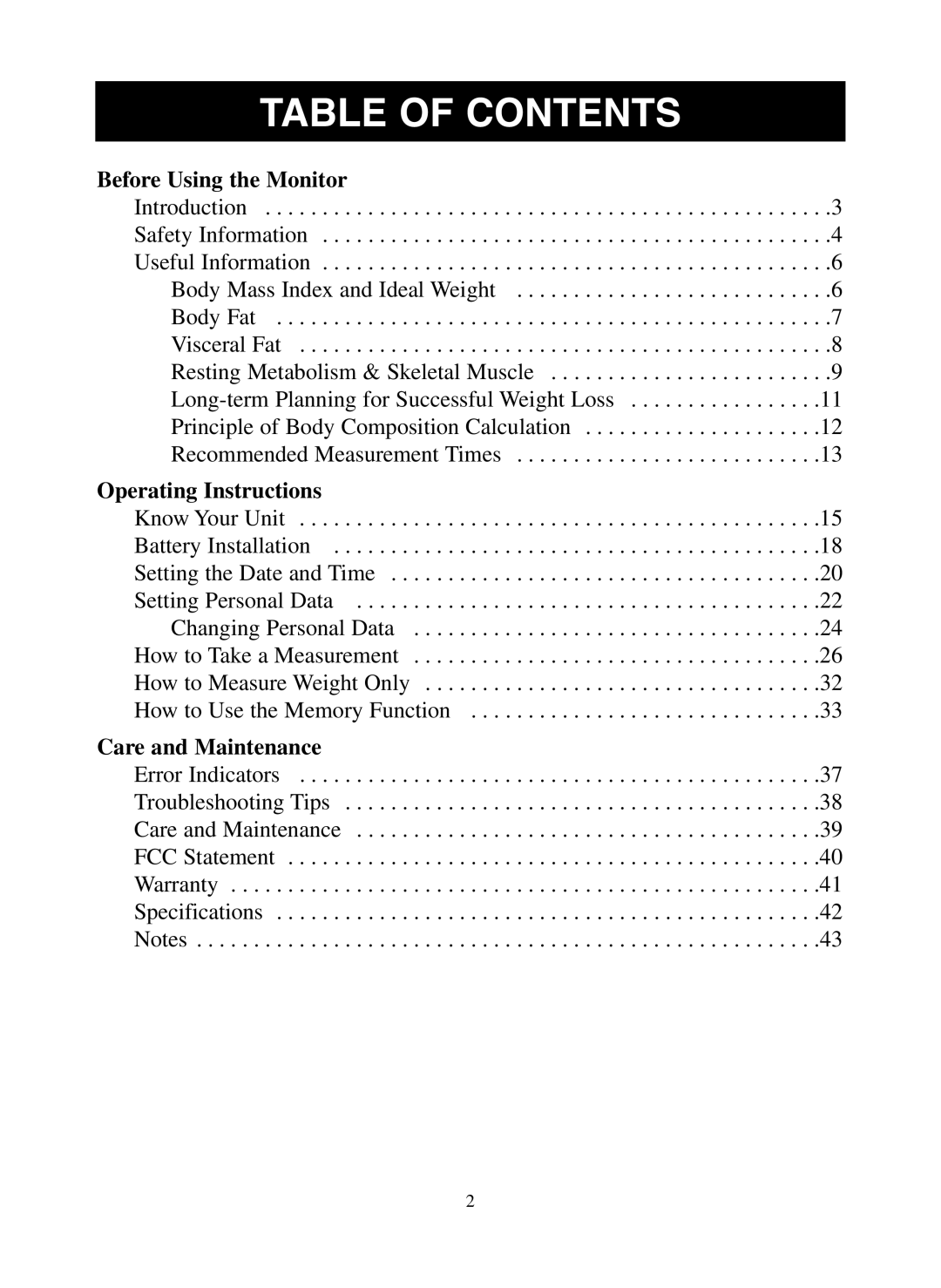 Omron Healthcare HBF-500 instruction manual Table of Contents 