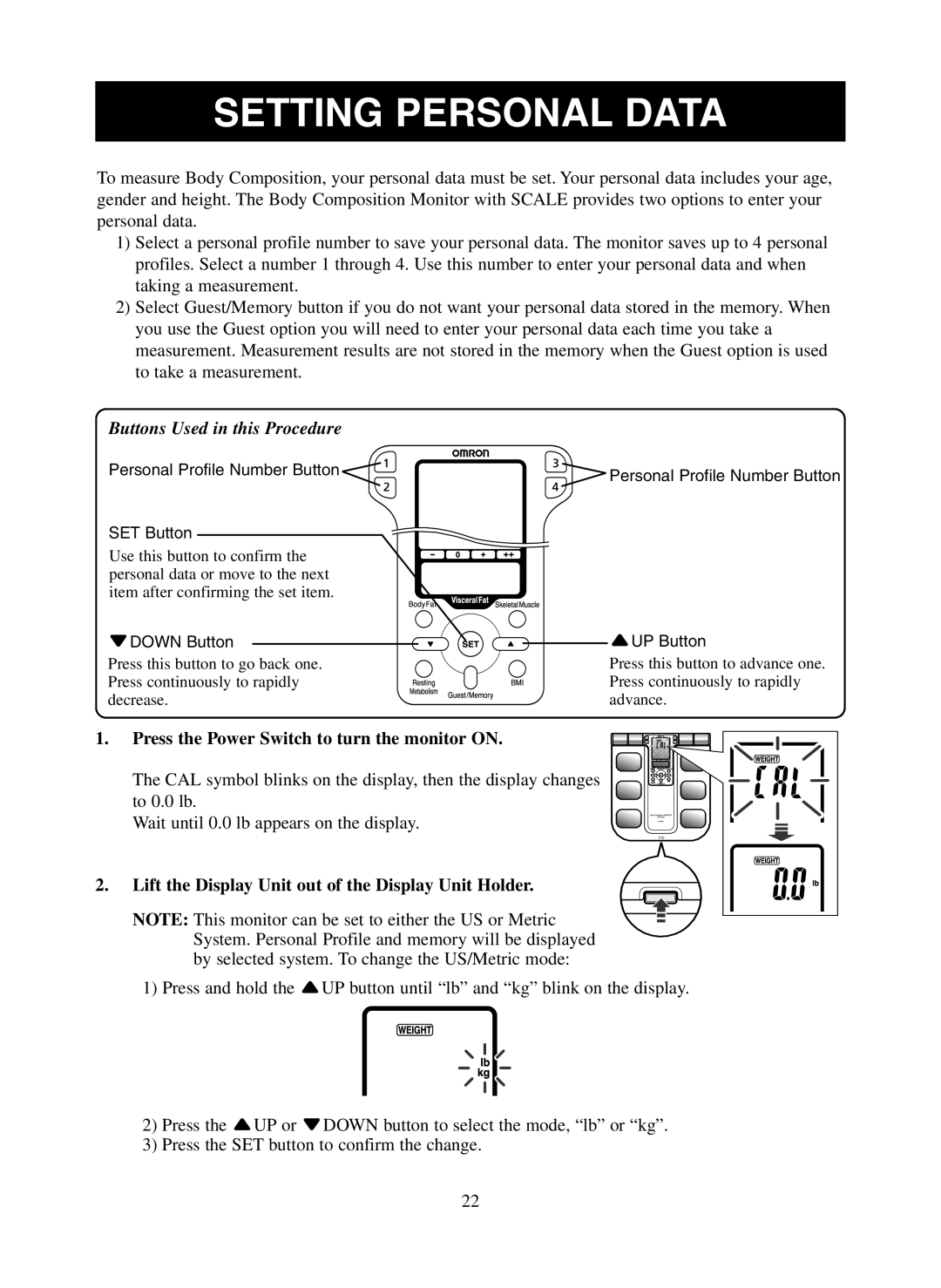 Omron Healthcare HBF-500 instruction manual Setting Personal Data, Lift the Display Unit out of the Display Unit Holder 