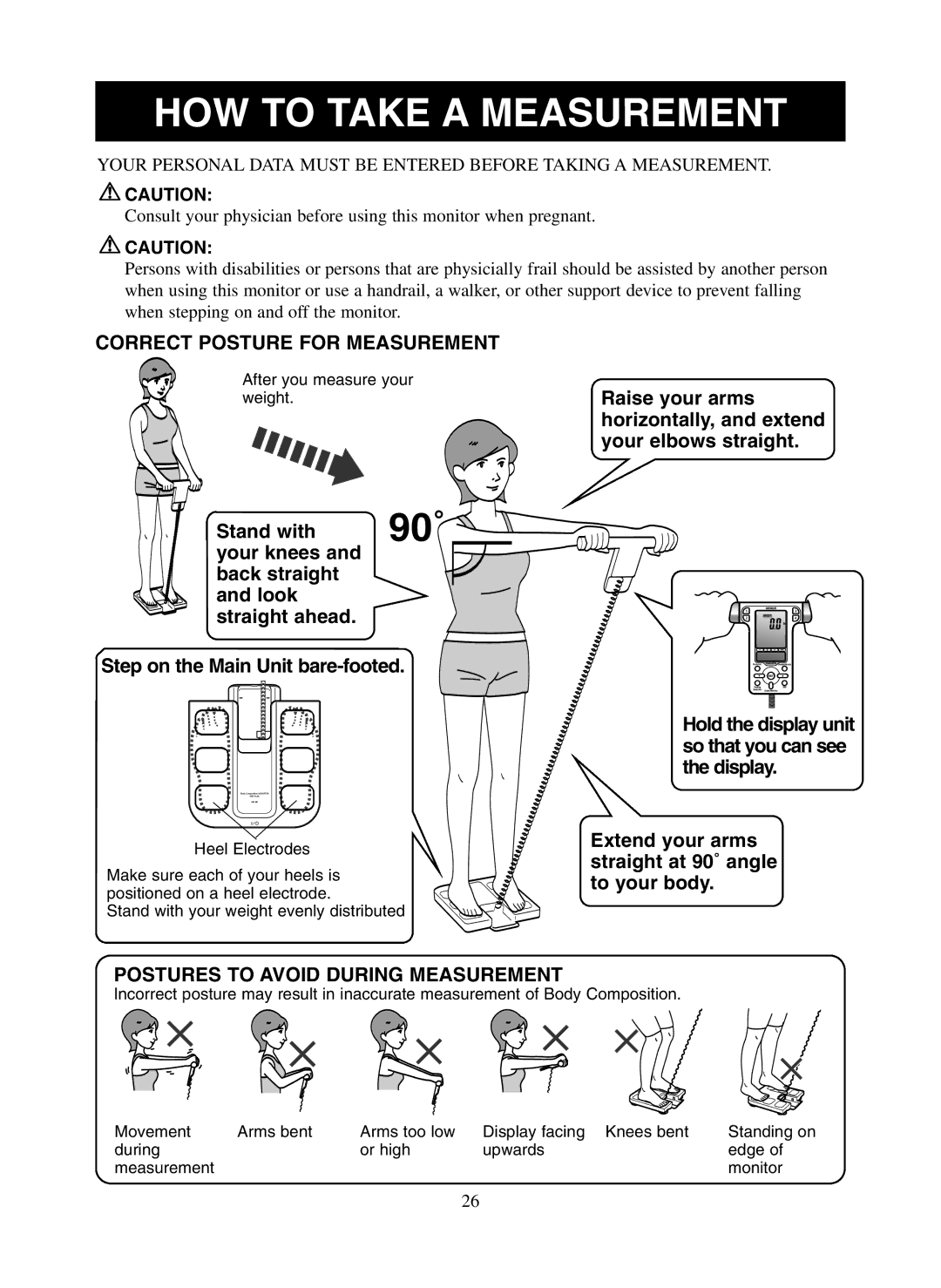 Omron Healthcare HBF-500 instruction manual HOW to Take a Measurement, Correct Posture for Measurement 