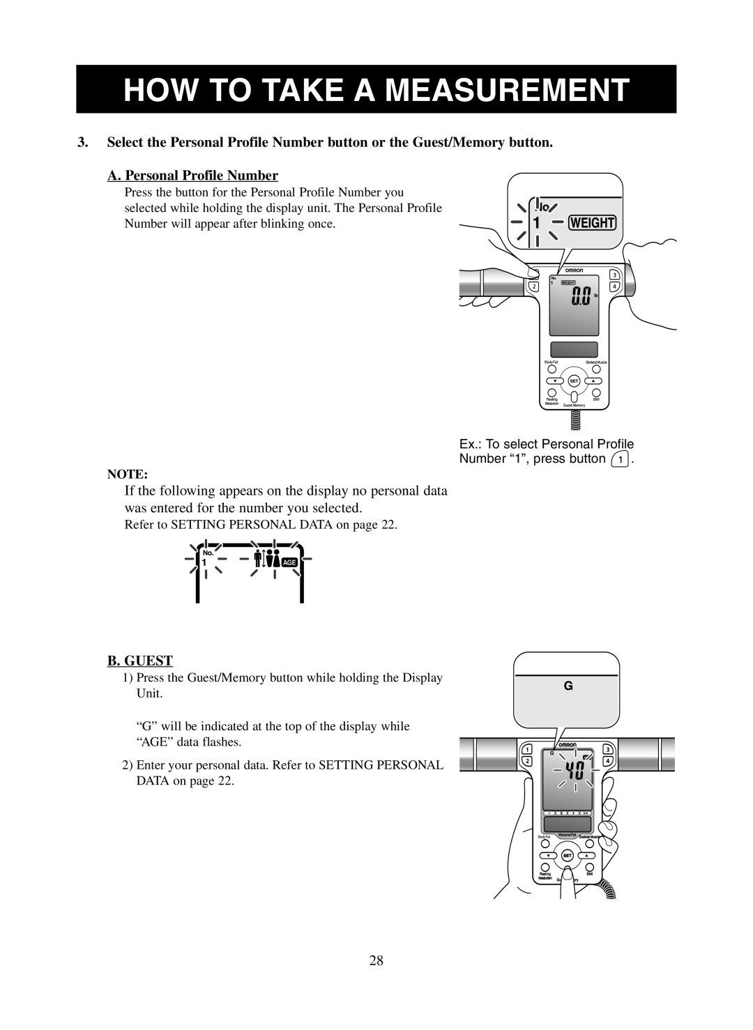 Omron Healthcare HBF-500 instruction manual Ex. To select Personal Profile Number 1, press button 