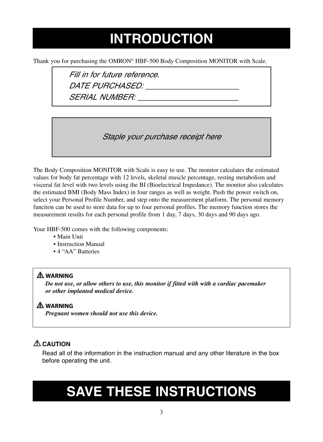 Omron Healthcare HBF-500 instruction manual Introduction, Date Purchased Serial Number 