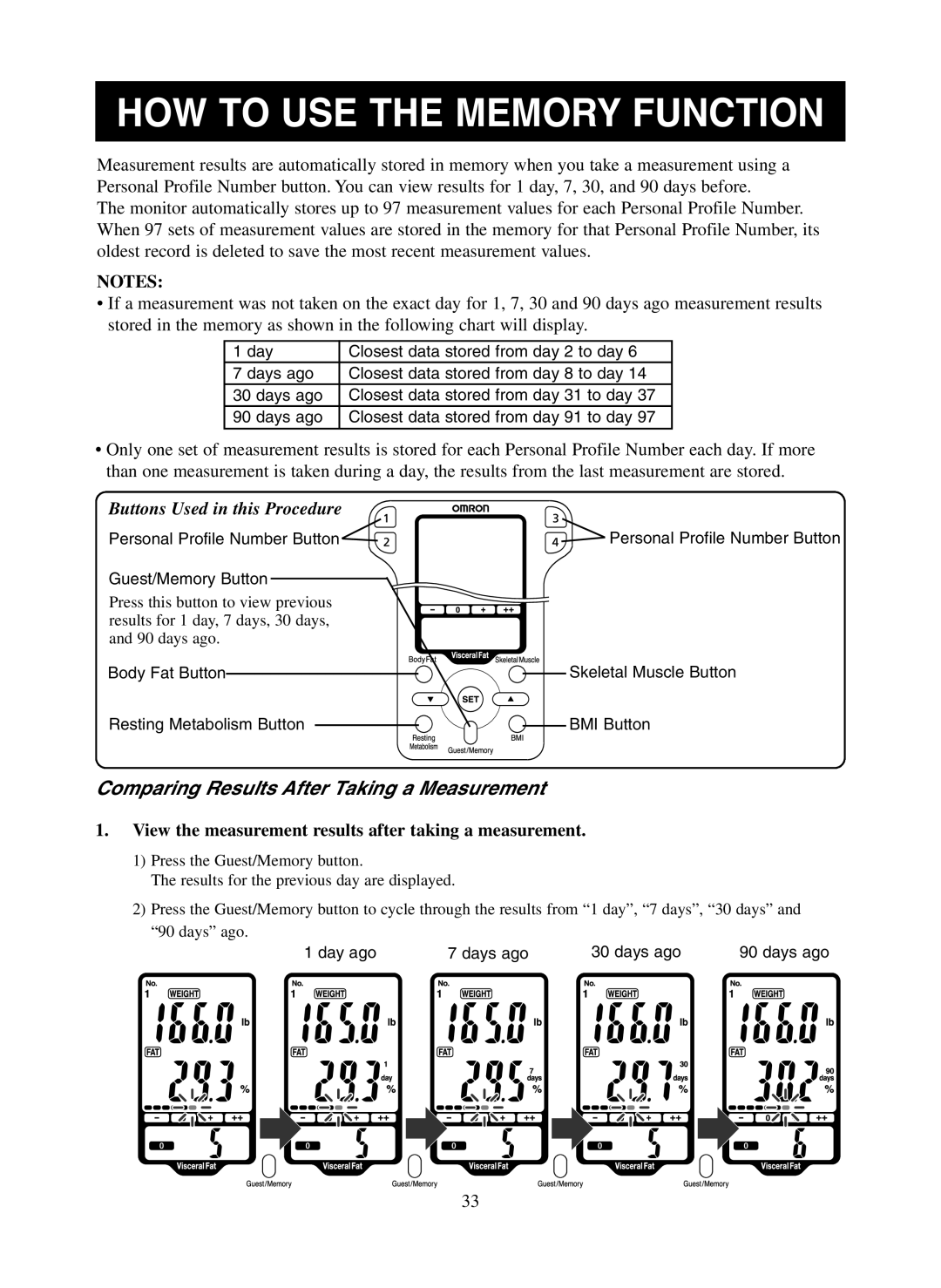 Omron Healthcare HBF-500 instruction manual HOW to USE the Memory Function, Comparing Results After Taking a Measurement 