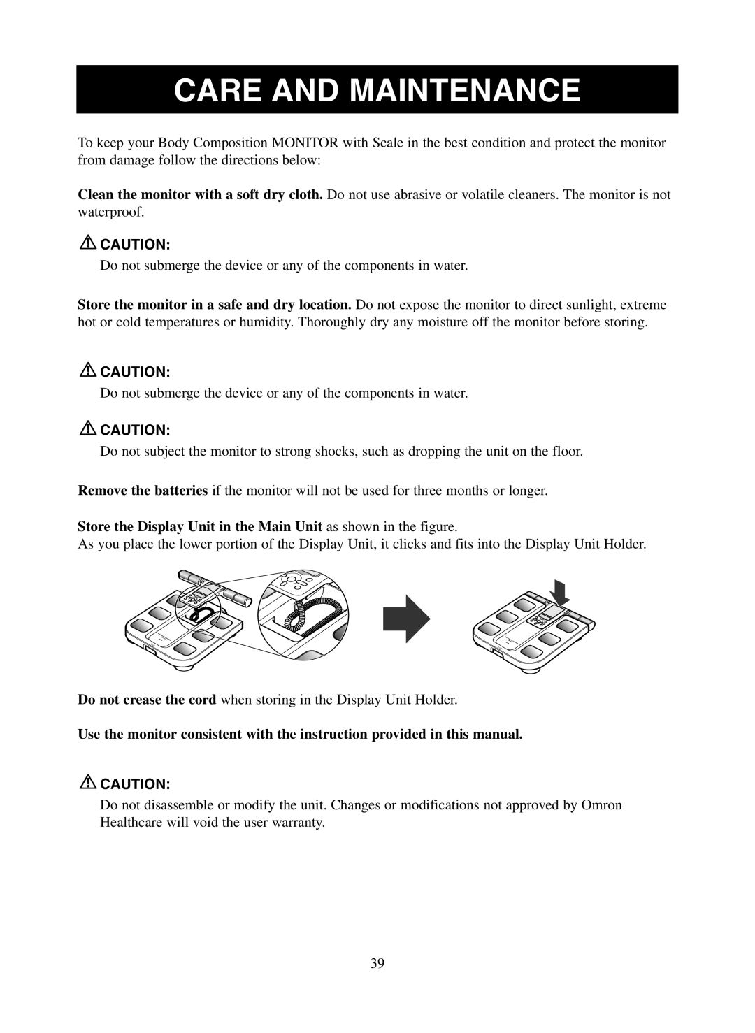 Omron Healthcare HBF-500 instruction manual Care and Maintenance 