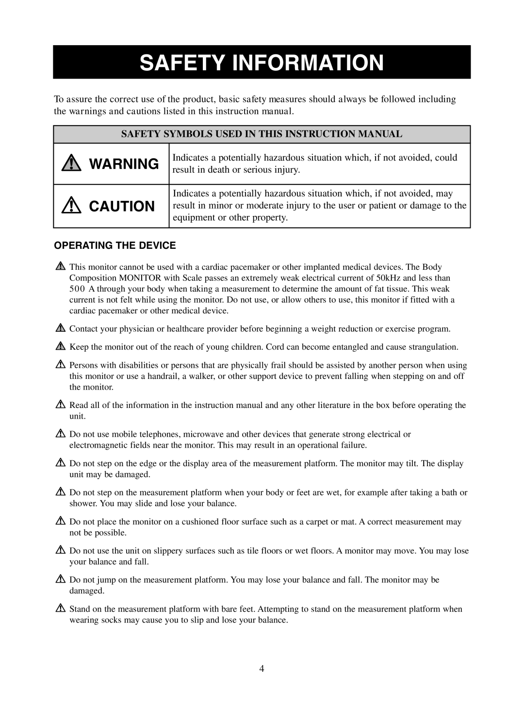 Omron Healthcare HBF-500 instruction manual Safety Information, Operating the Device 