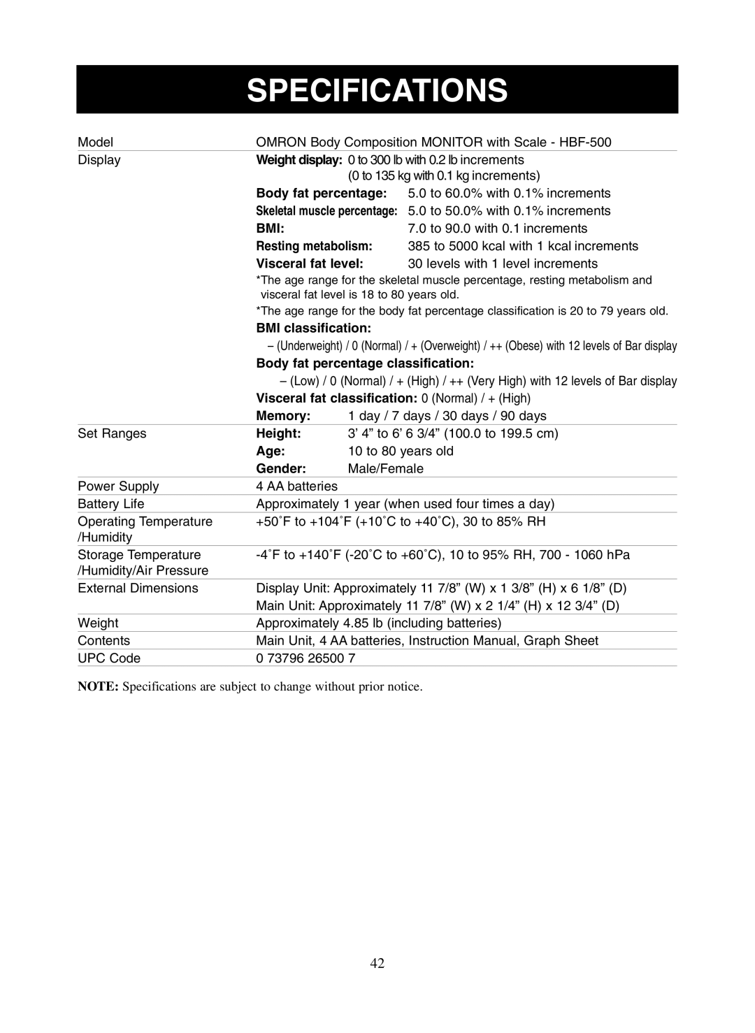 Omron Healthcare HBF-500 instruction manual Specifications, Bmi 