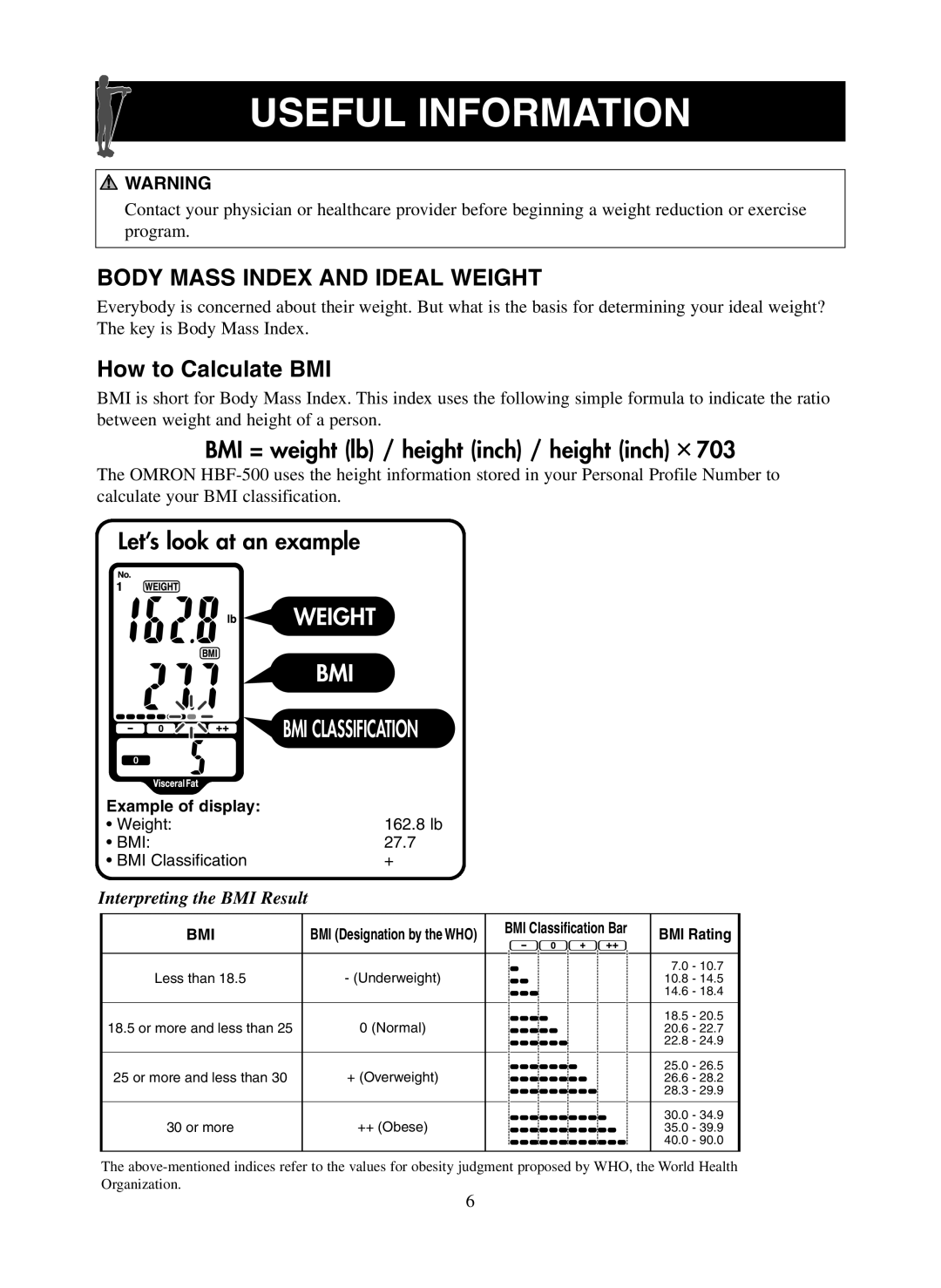 Omron Healthcare HBF-500 instruction manual Useful Information, Body Mass Index and Ideal Weight 