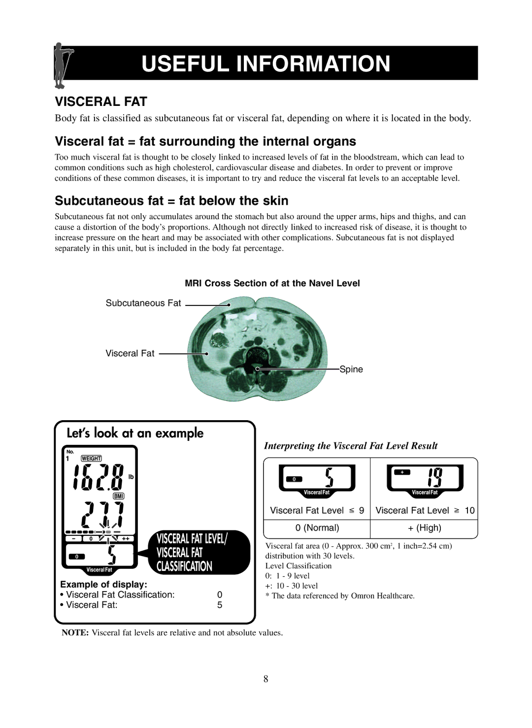 Omron Healthcare HBF-500 instruction manual Visceral FAT, Visceral fat = fat surrounding the internal organs 