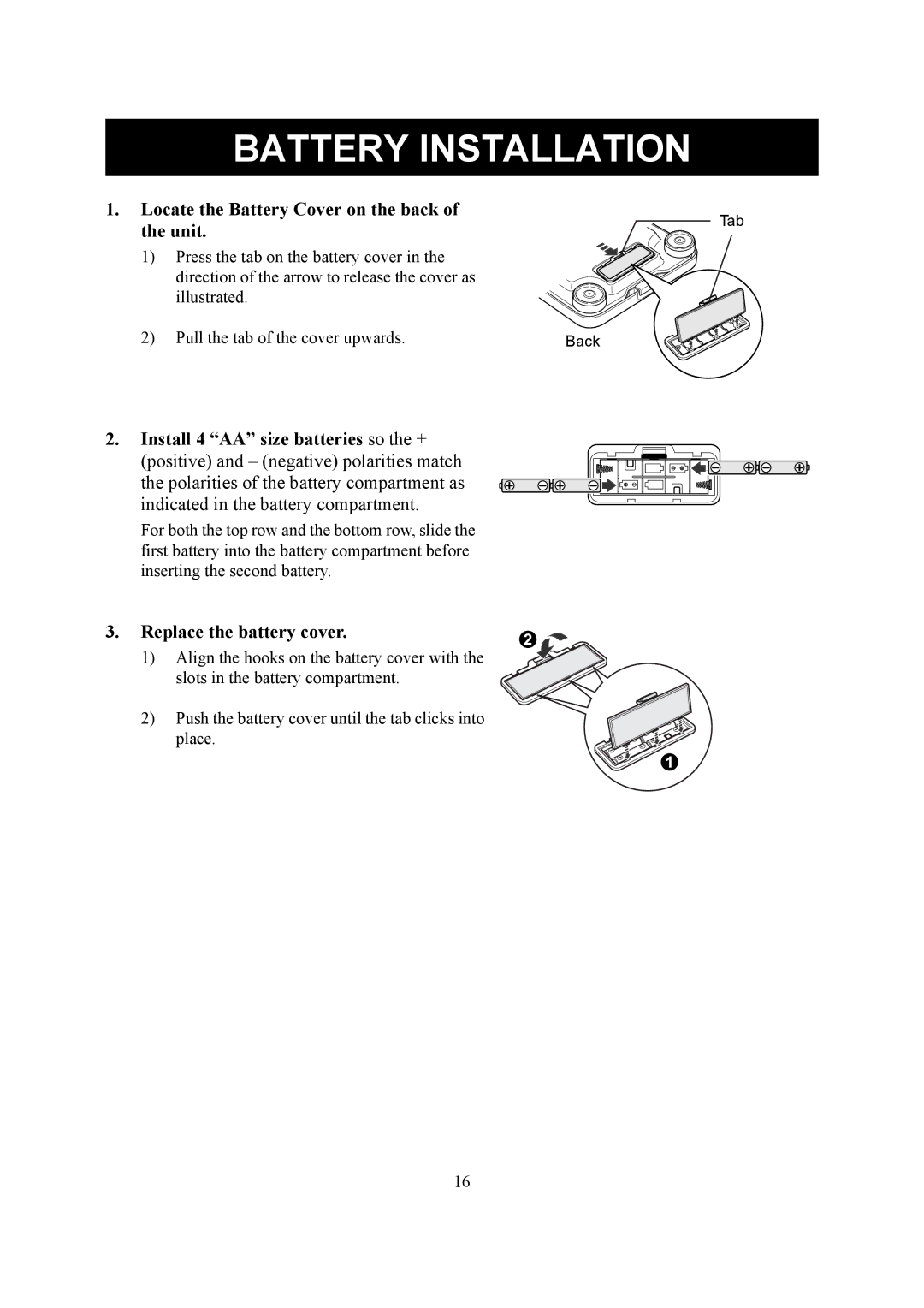 Omron Healthcare HBF-510 Battery Installation, Locate the Battery Cover on the back, Unit, Replace the battery cover 