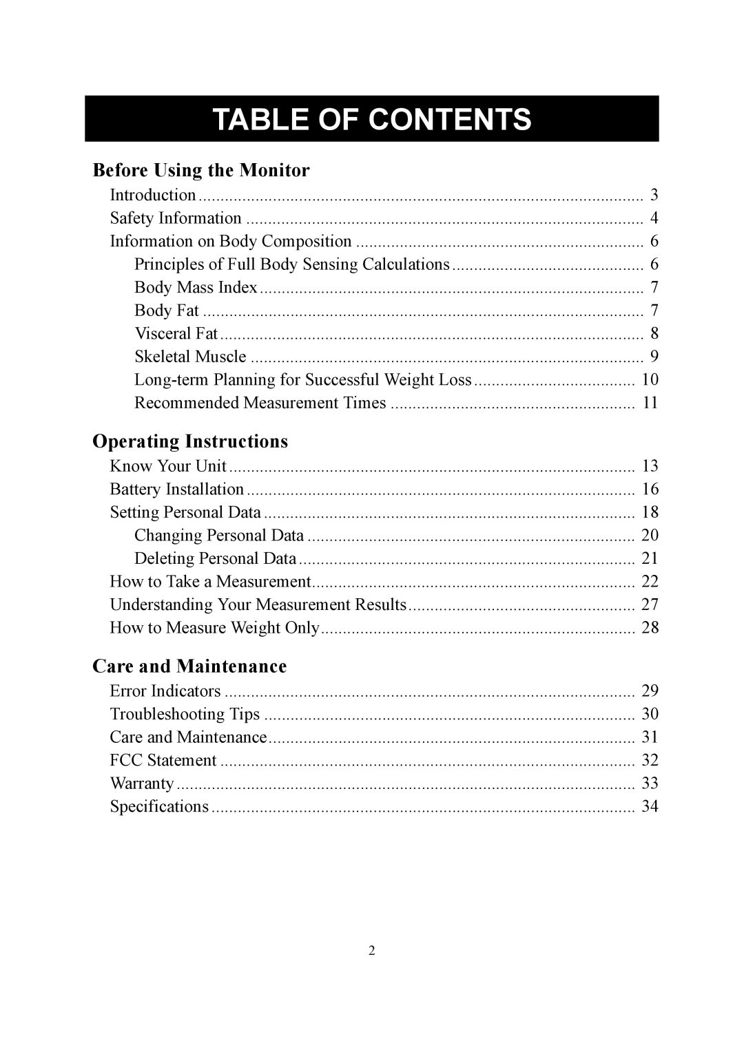 Omron Healthcare HBF-510 instruction manual Table of Contents 