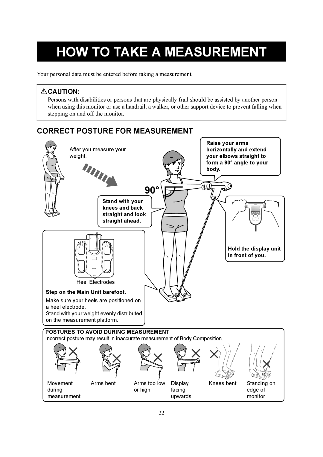 Omron Healthcare HBF-510 instruction manual HOW to Take a Measurement, Correct Posture for Measurement 