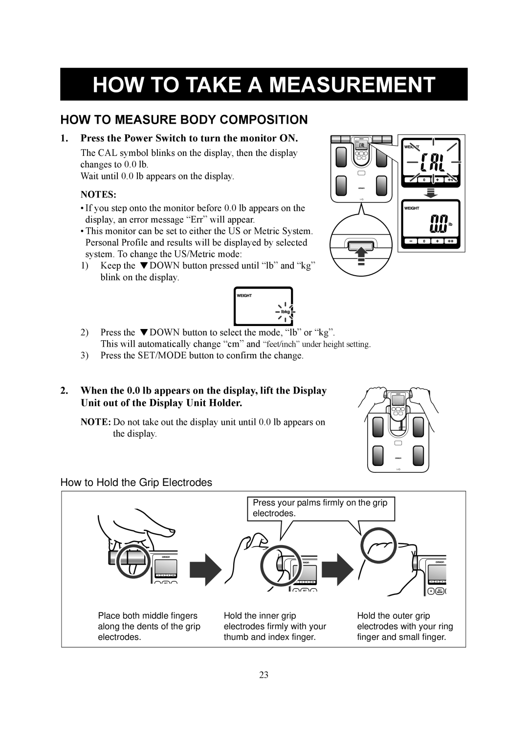 Omron Healthcare HBF-510 instruction manual HOW to Measure Body Composition, How to Hold the Grip Electrodes 