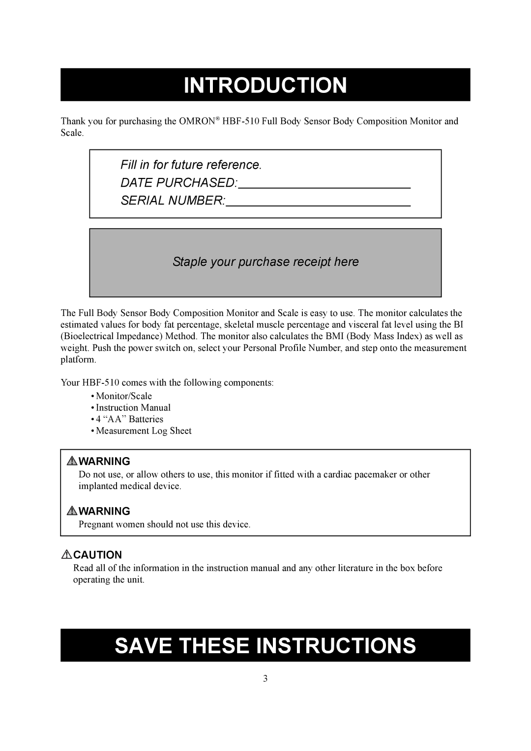 Omron Healthcare HBF-510 instruction manual Introduction, Date Purchased Serial Number 