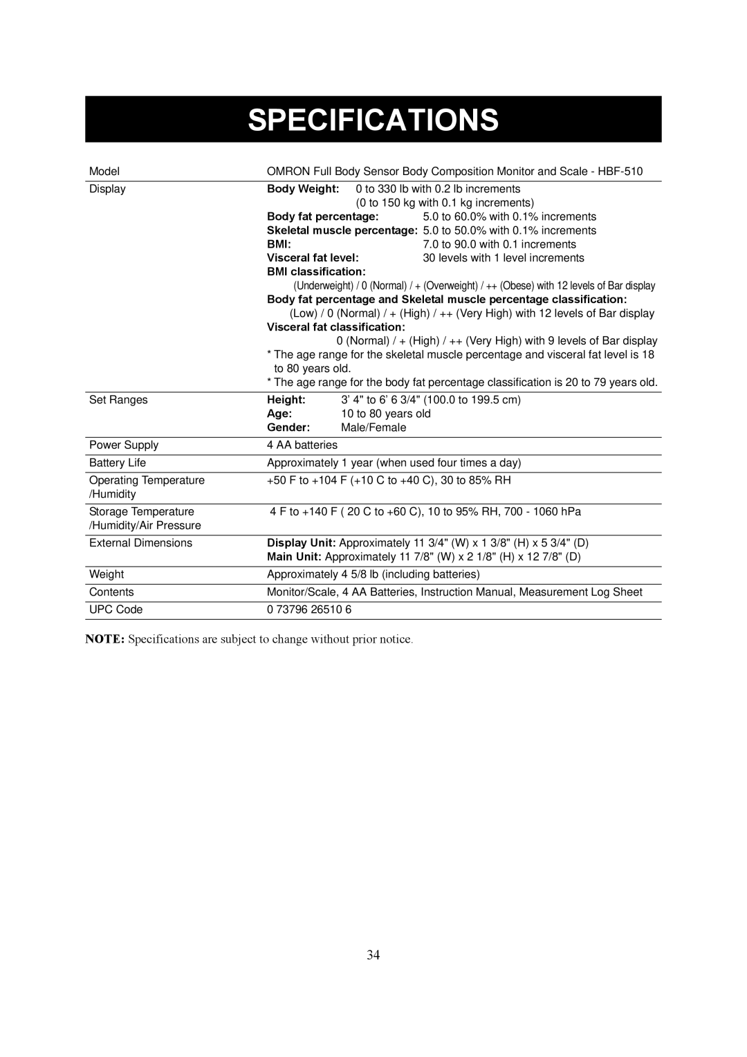 Omron Healthcare HBF-510 instruction manual Specifications, Bmi 